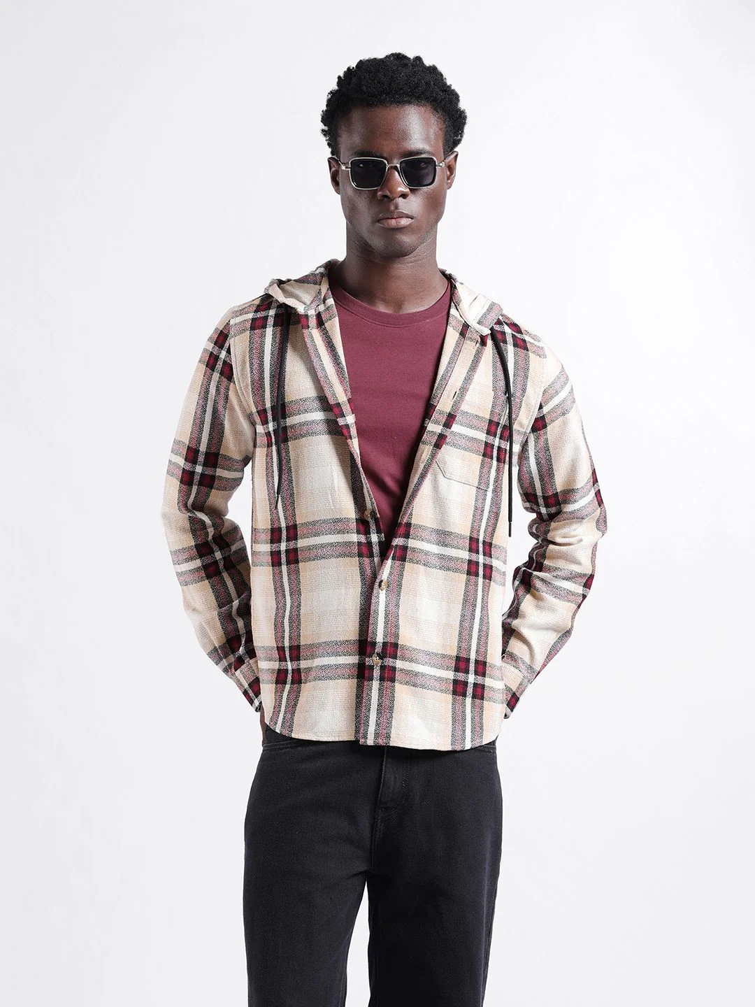 The Indian Garage Co Men Regular Fit Checked Casual Hooded Overshirt