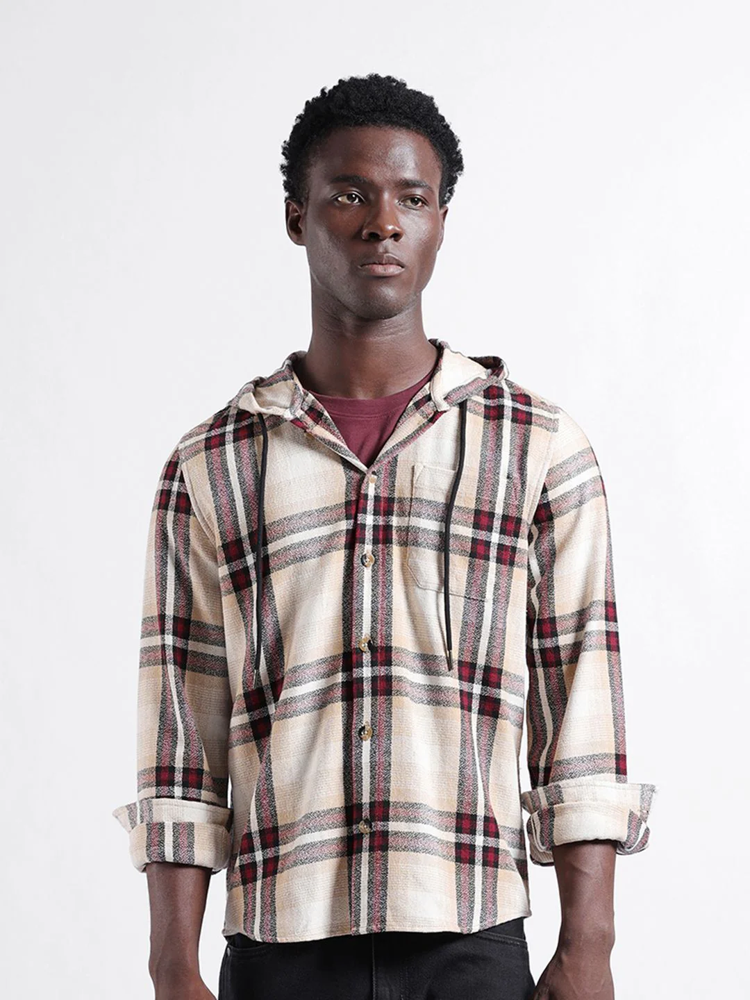 The Indian Garage Co Men Regular Fit Checked Casual Hooded Overshirt - Image 2
