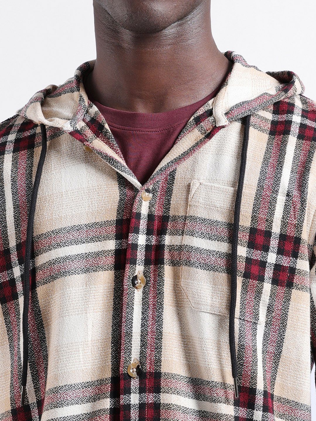 The Indian Garage Co Men Regular Fit Checked Casual Hooded Overshirt - Image 3