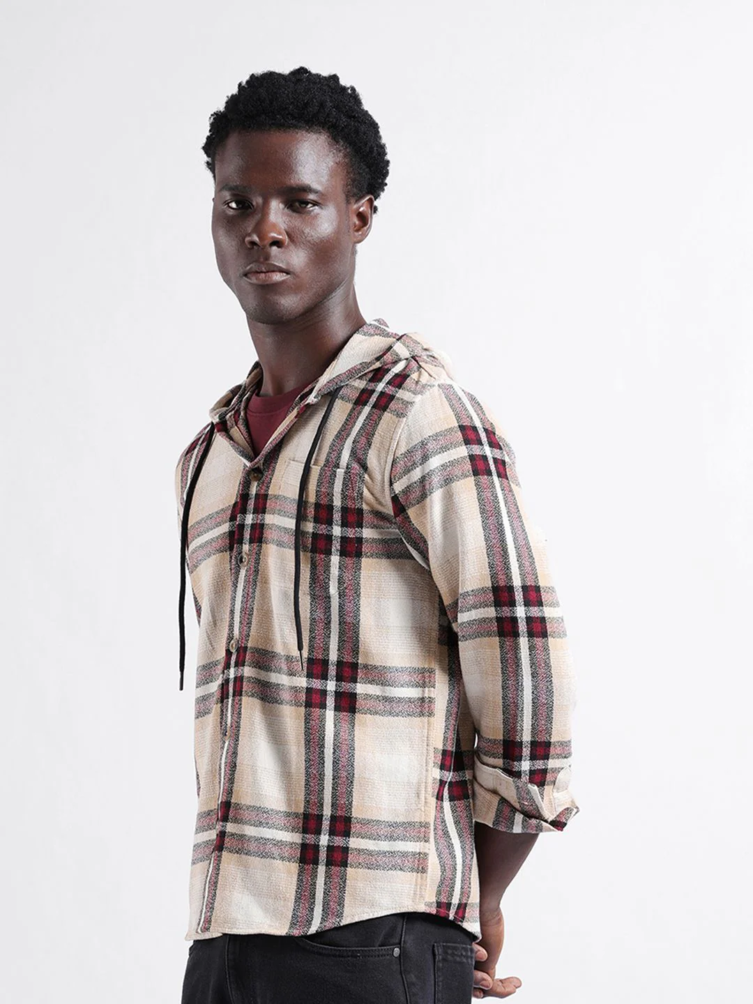 The Indian Garage Co Men Regular Fit Checked Casual Hooded Overshirt - Image 4
