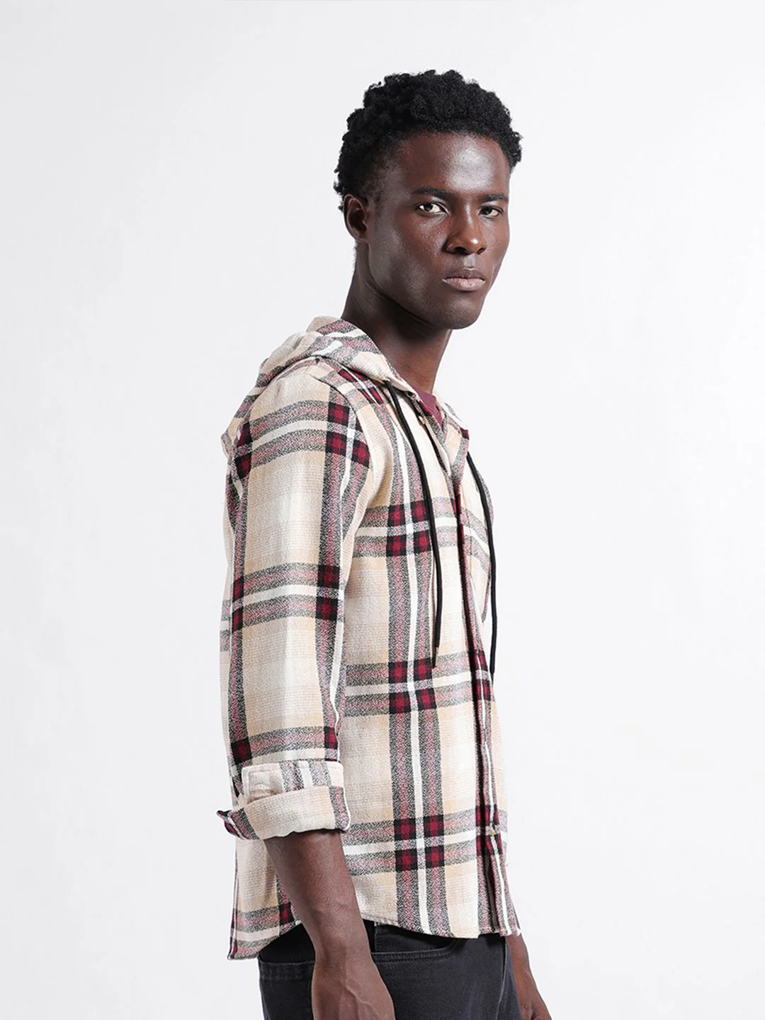The Indian Garage Co Men Regular Fit Checked Casual Hooded Overshirt - Image 5