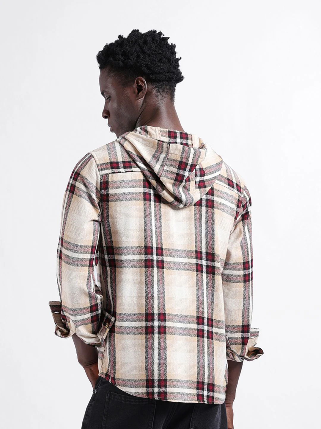 The Indian Garage Co Men Regular Fit Checked Casual Hooded Overshirt - Image 6