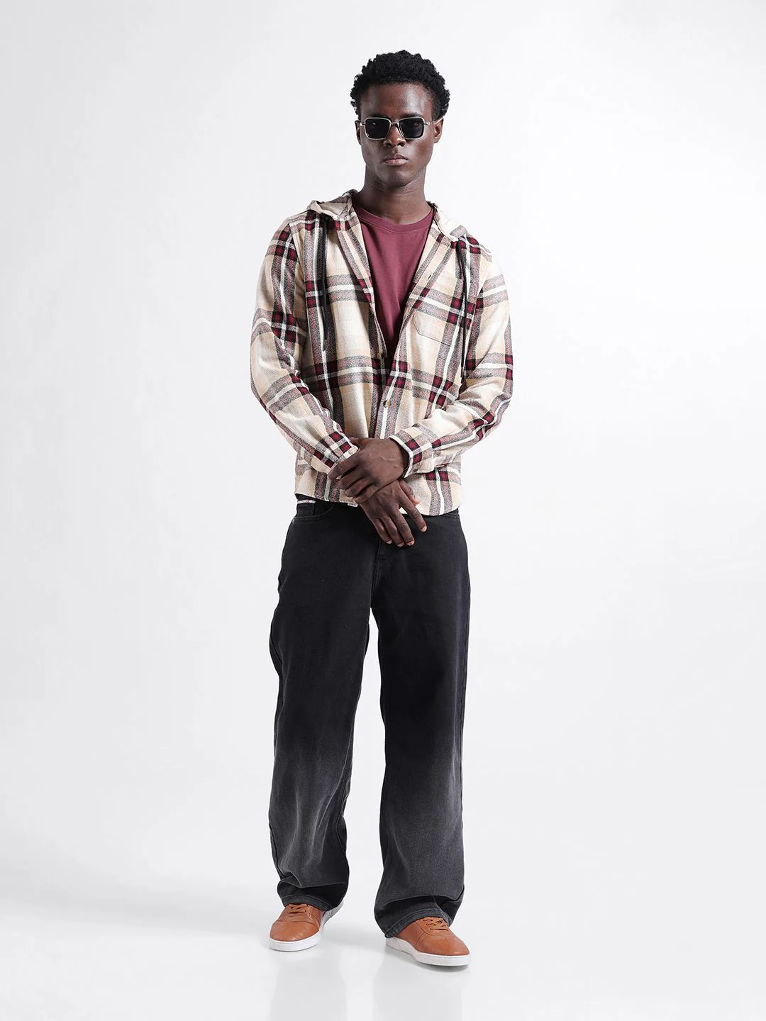 The Indian Garage Co Men Regular Fit Checked Casual Hooded Overshirt - Image 7