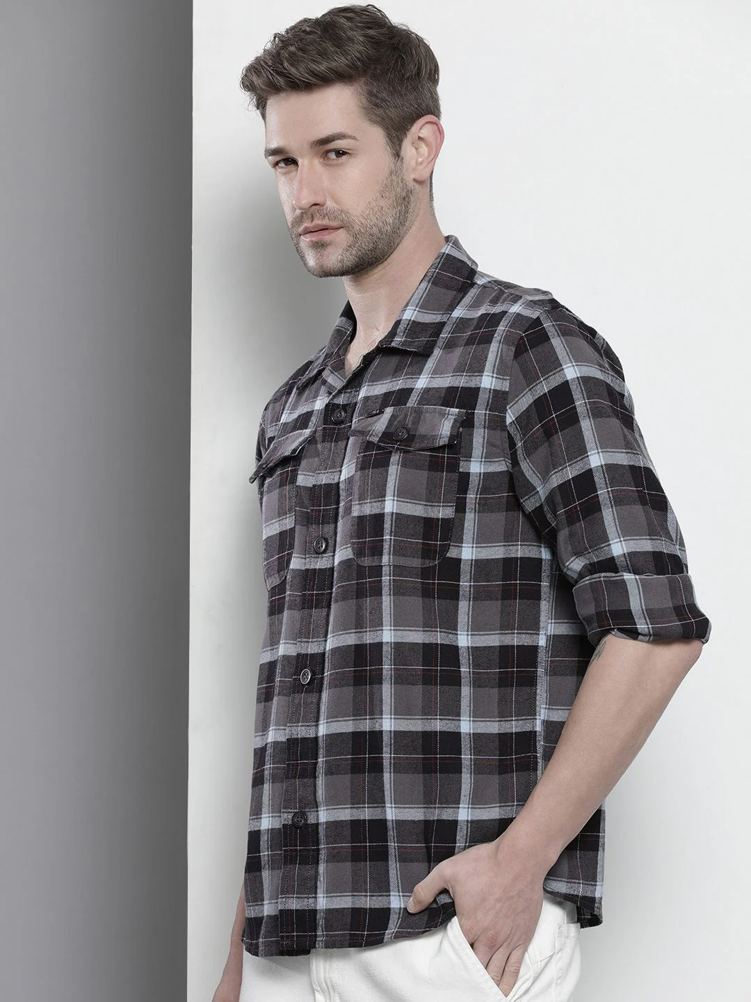 The Indian Garage Co Men Regular Fit Checked Double Flap Pocket Flannel Shirt - Image 5