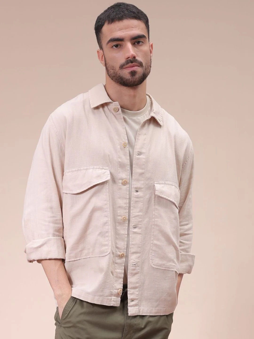 The Indian Garage Co Men Regular Fit Solid Double Flap Pocket Resortwear Overshirt