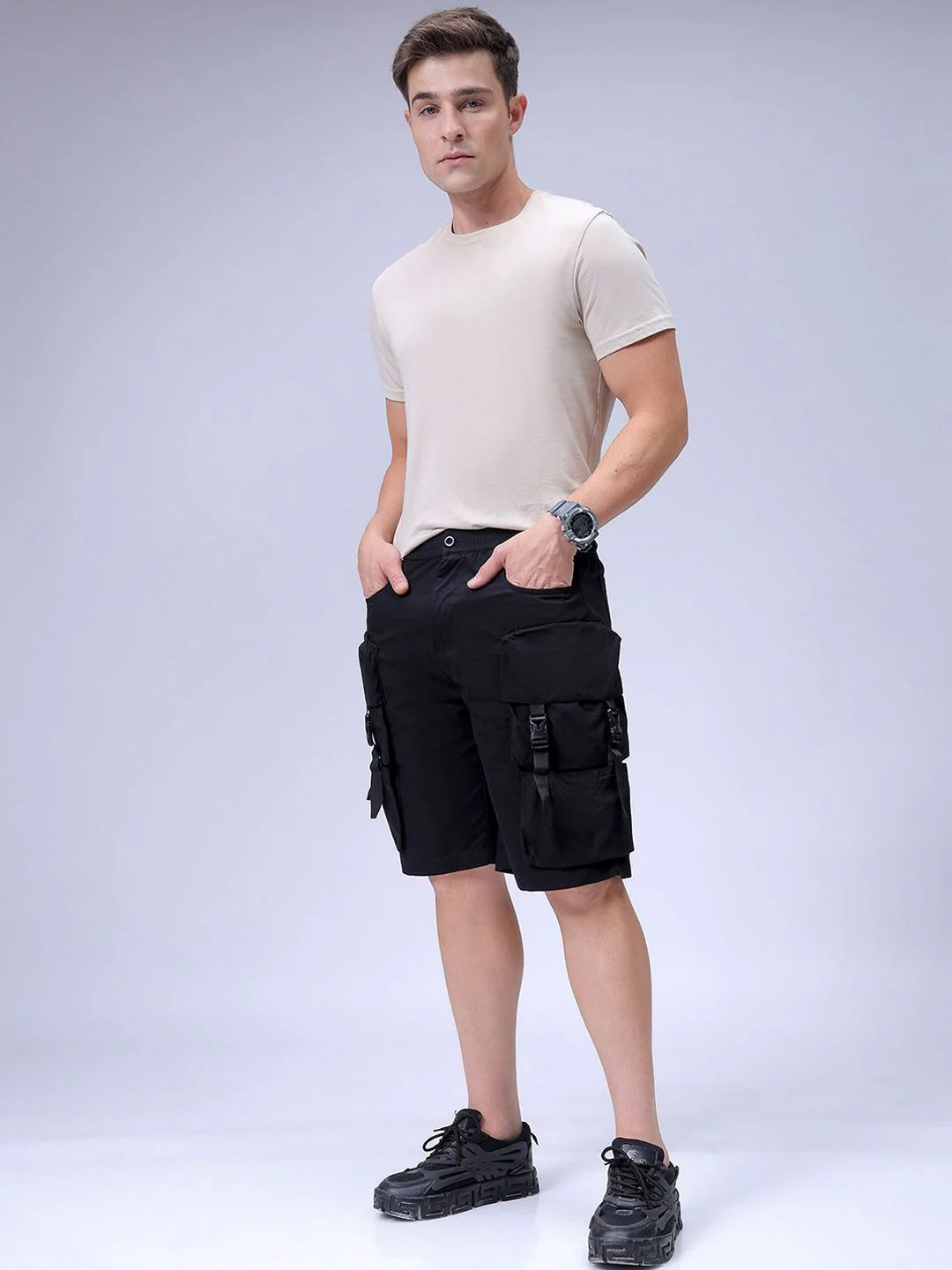 The Indian Garage Co Men Relaxed Fit Pure Cotton Utility Cargo Shorts - Image 4