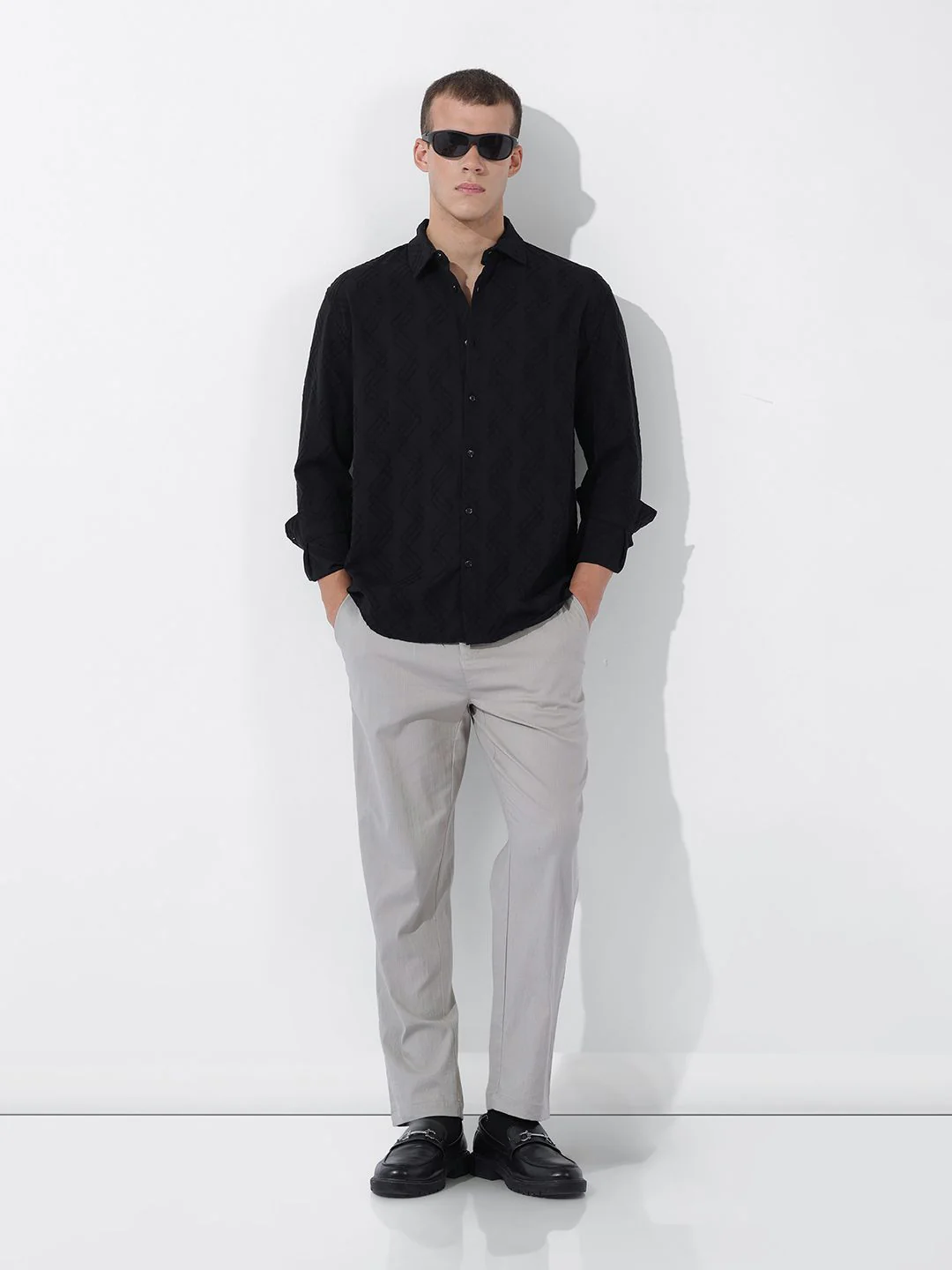 The Indian Garage Co Men Relaxed Fit Solid Dobby Resort Wear Shirt - Image 7