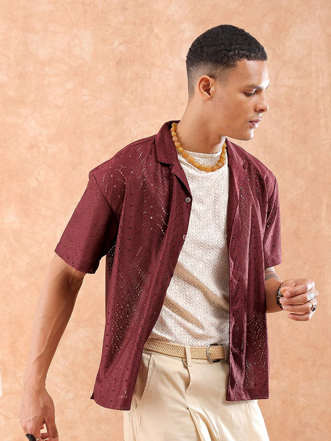 The Indian Garage Co Men Relaxed Fit Solid Warp Knit Lace Resortwear Shirt - Image 3