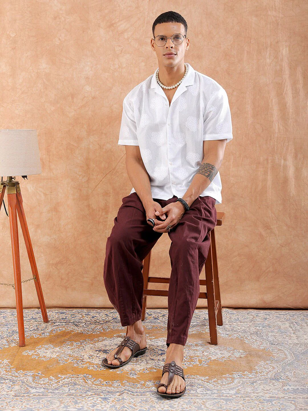 The Indian Garage Co Men Relaxed Fit Solid Warp Knit Lace Resortwear Shirt - Image 4