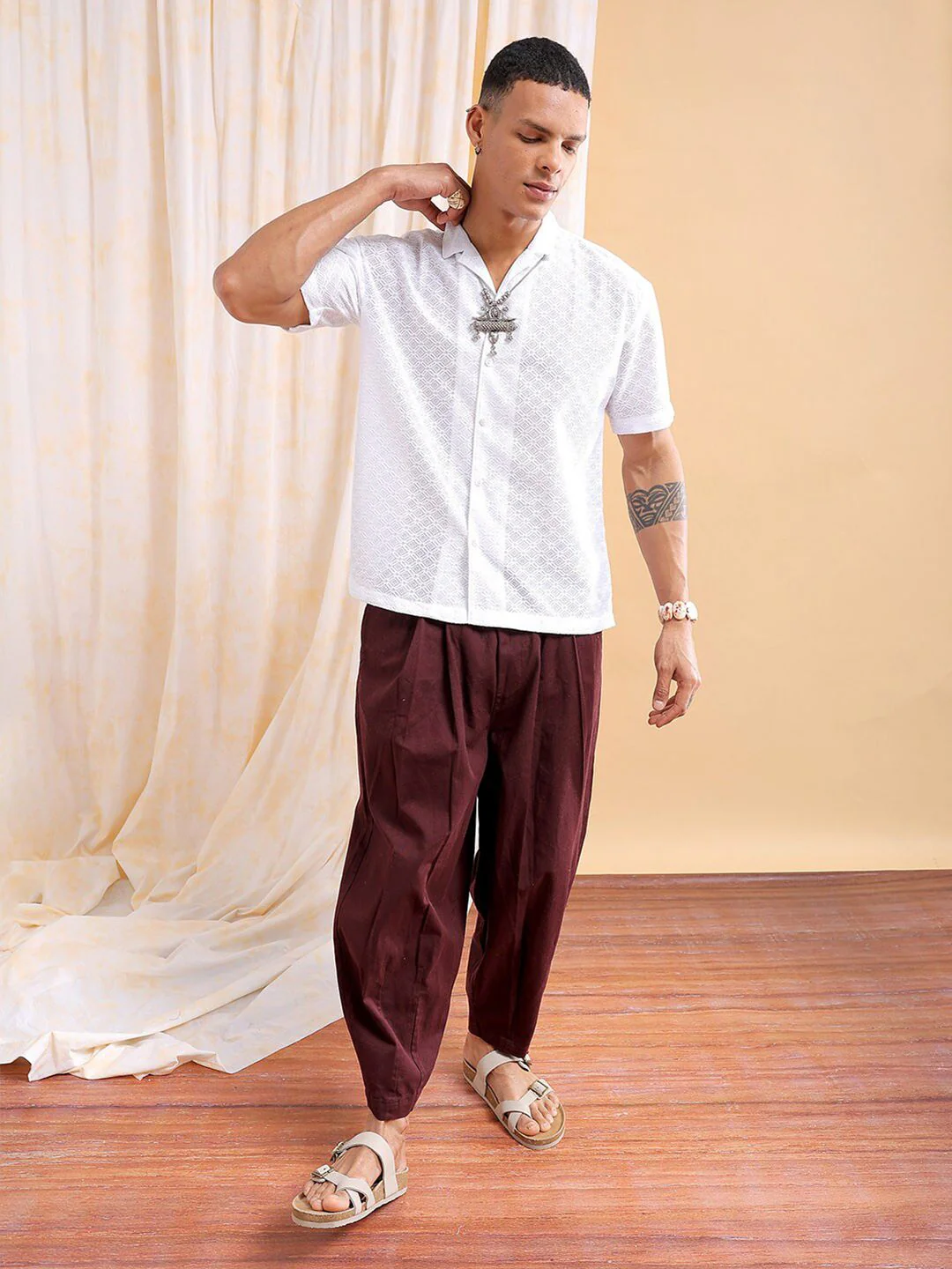 The Indian Garage Co Men Relaxed Fit Solid Warp Knit Lace Resortwear Shirt - Image 4