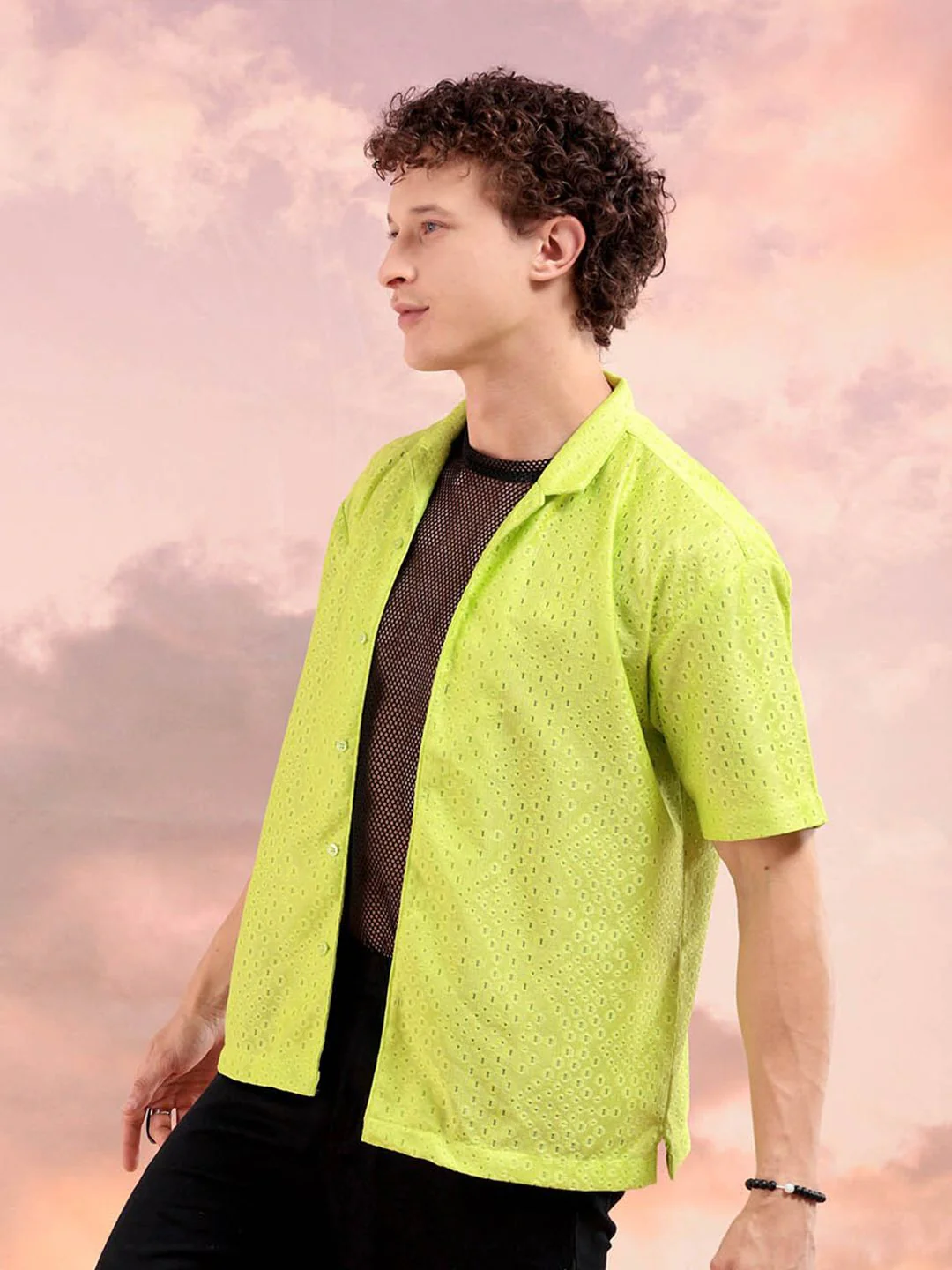 The Indian Garage Co Men Relaxed Fit Solid Warp Knit Lace Resortwear Shirt - Image 3