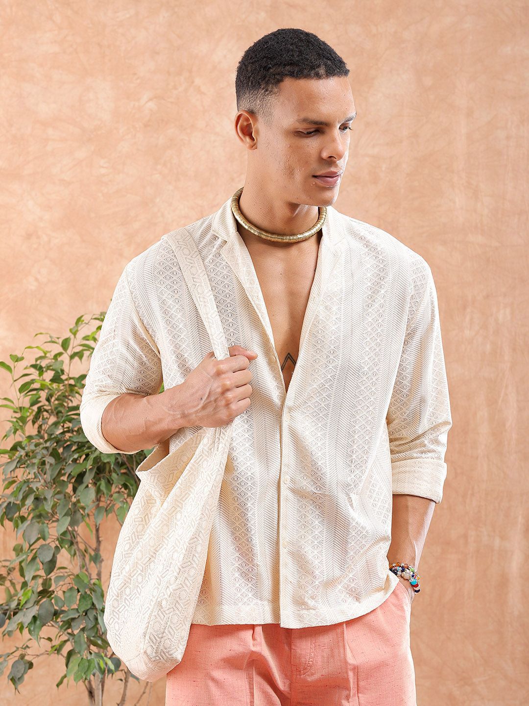 The Indian Garage Co Men Relaxed Fit Solid Warp Knit Lace Resortwear Shirt