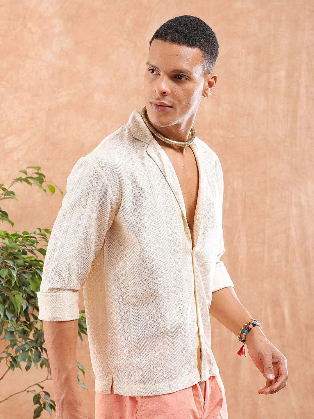 The Indian Garage Co Men Relaxed Fit Solid Warp Knit Lace Resortwear Shirt - Image 3