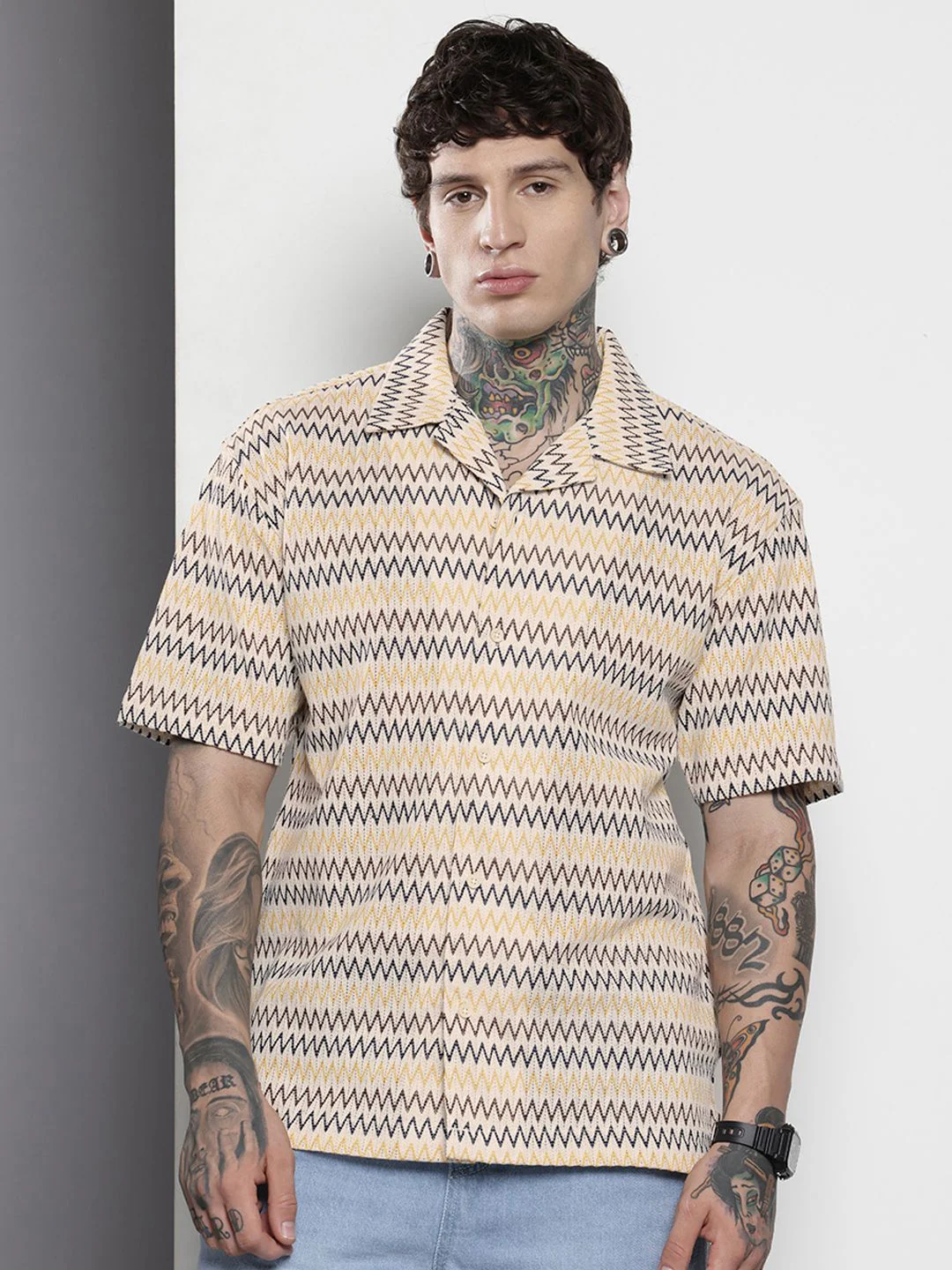 The Indian Garage Co Men Relaxed Fit Textured Lace Crochet Resort Wear Shirt - Image 3
