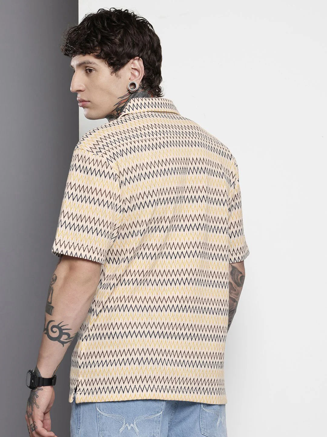 The Indian Garage Co Men Relaxed Fit Textured Lace Crochet Resort Wear Shirt - Image 5