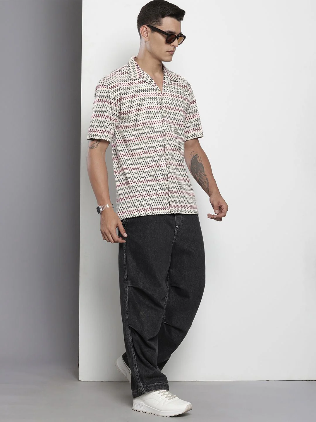 The Indian Garage Co Men Relaxed Fit Textured Lace Crochet Resort Wear Shirt - Image 4