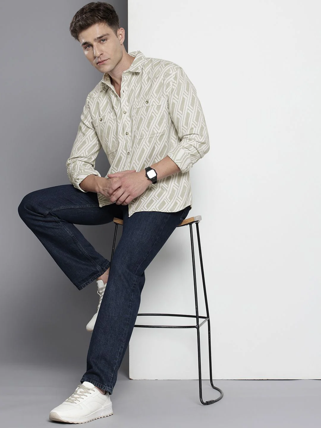 The Indian Garage Co Men Relaxed Fit Textured Resort Wear Jacquard Shirt - Image 6