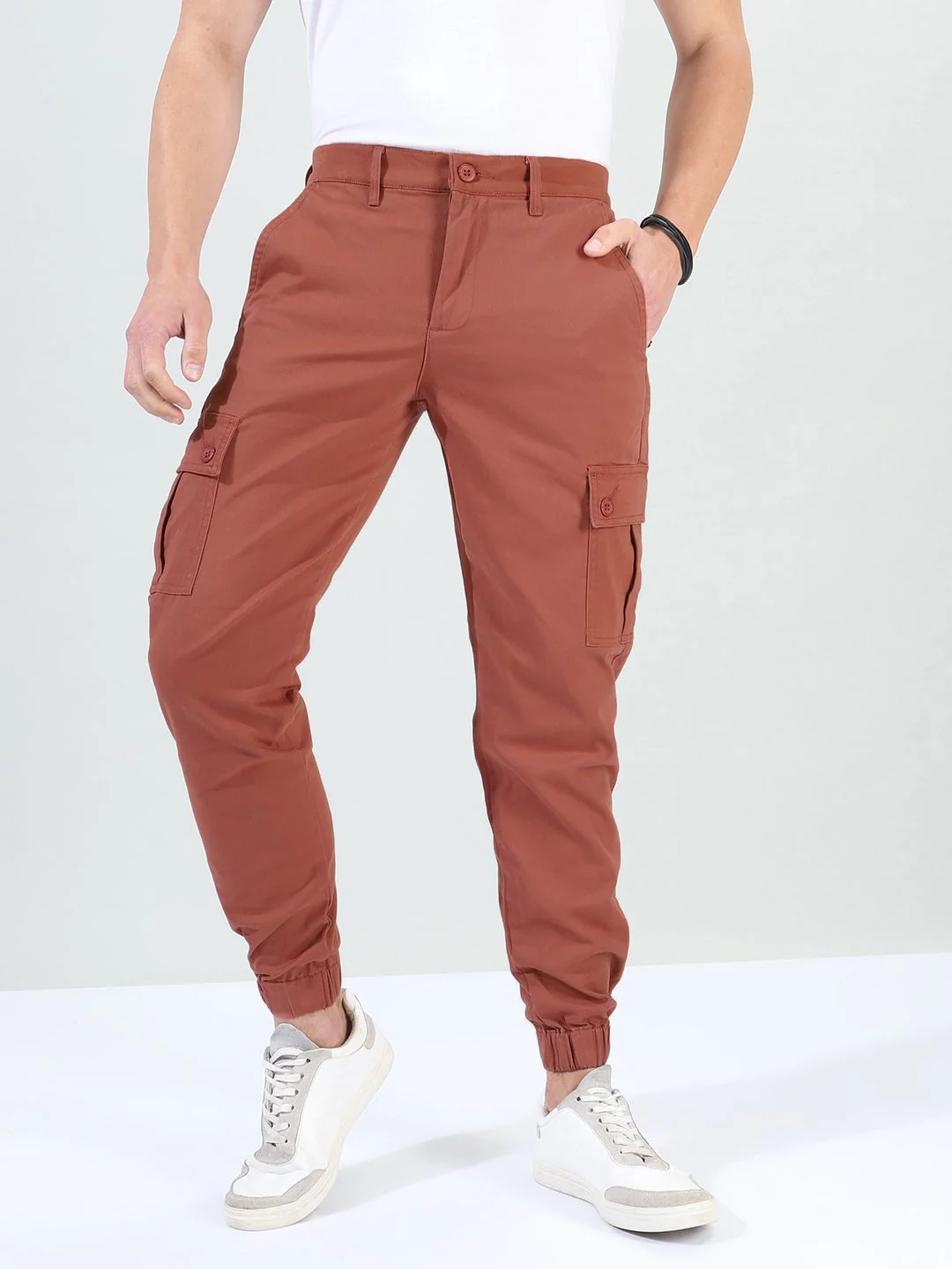 The Indian Garage Co Men Rust Brown Solid Slim Fit Cargo Joggers - Image 2