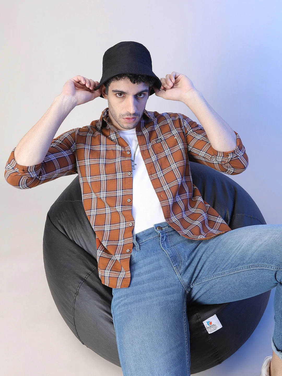 The Indian Garage Co Men Rust Orange & White Slim Fit Checked Casual Shirt