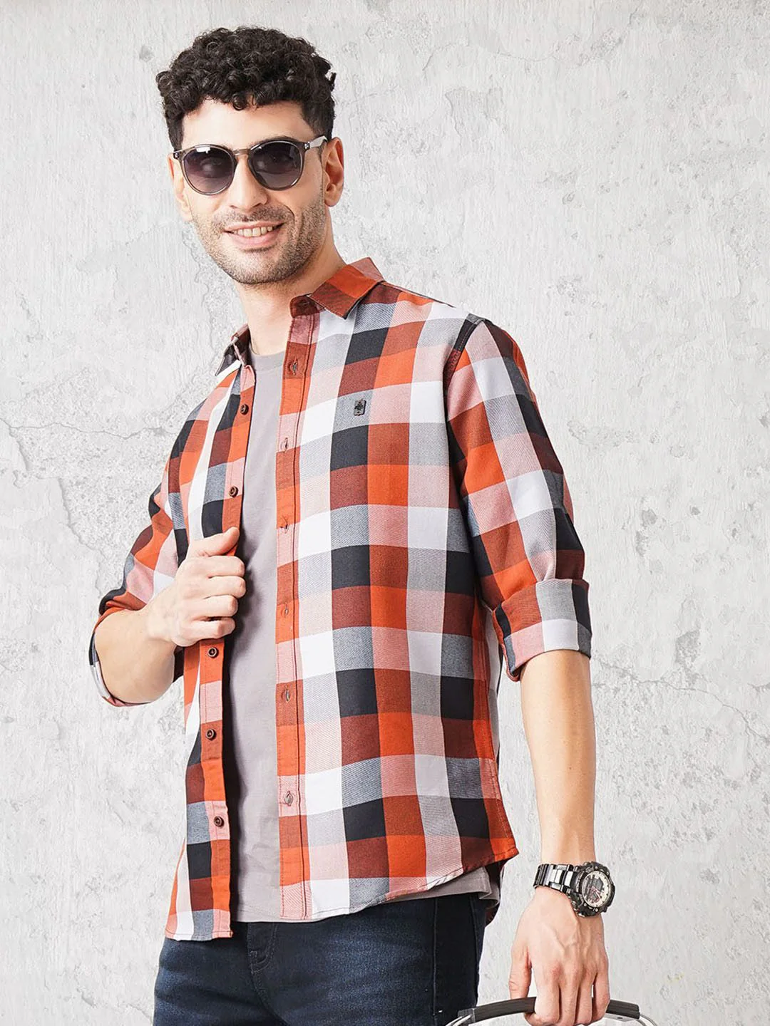 The Indian Garage Co Men Rust Red & Black Checked Pure Cotton Casual Shirt - Image 5
