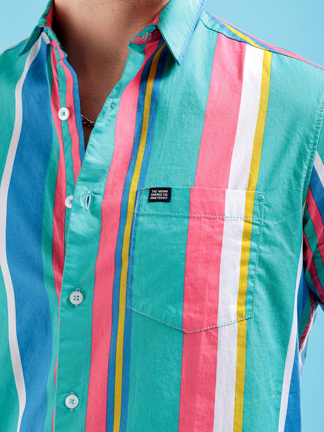 The Indian Garage Co Men Sea Green & Pink Striped Pure Cotton Casual Shirt - Image 2