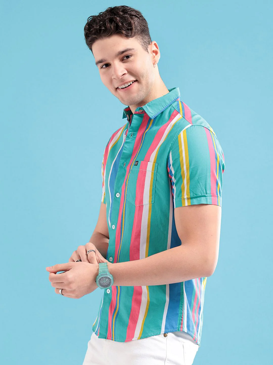 The Indian Garage Co Men Sea Green & Pink Striped Pure Cotton Casual Shirt - Image 3