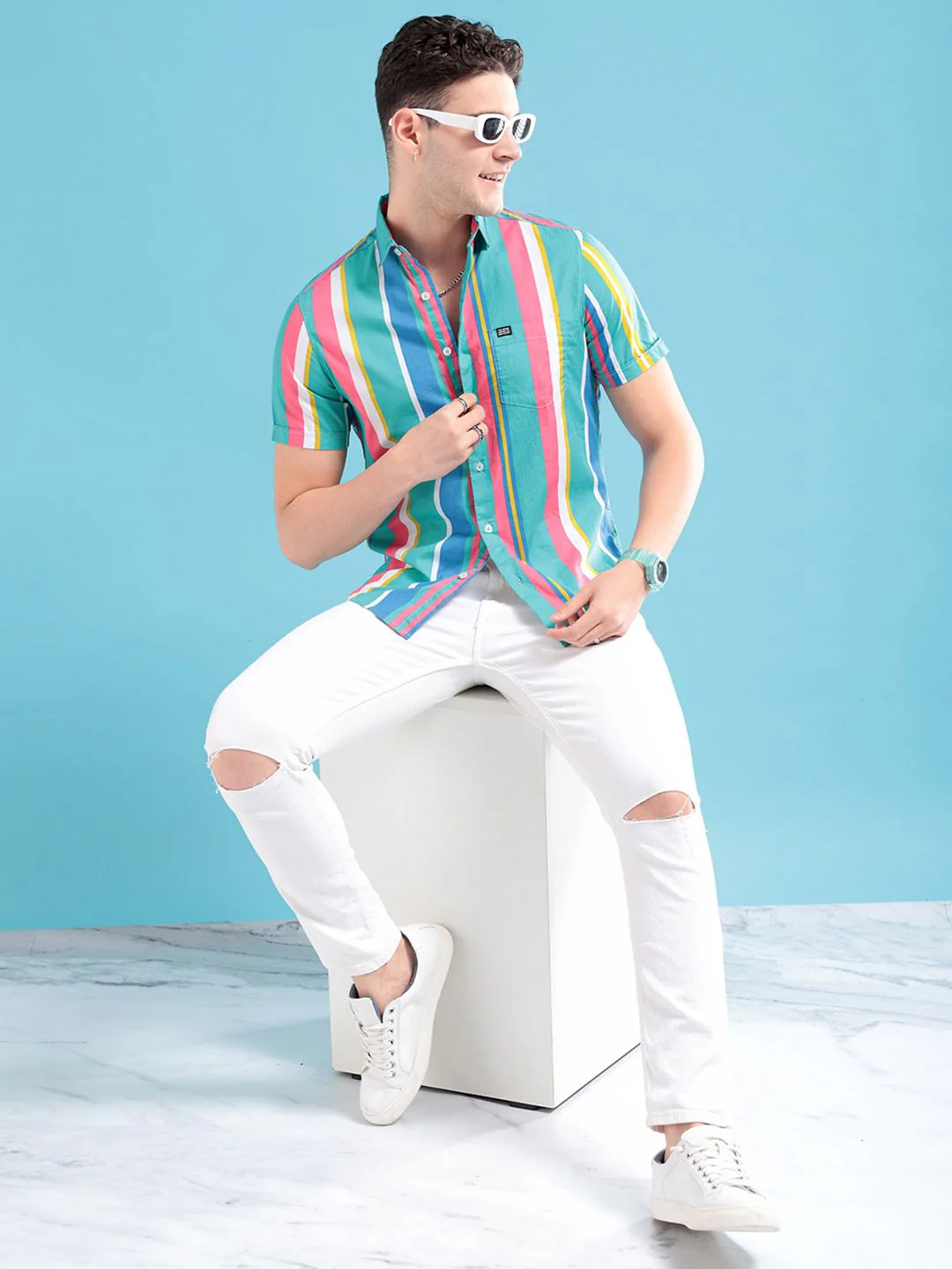The Indian Garage Co Men Sea Green & Pink Striped Pure Cotton Casual Shirt - Image 4
