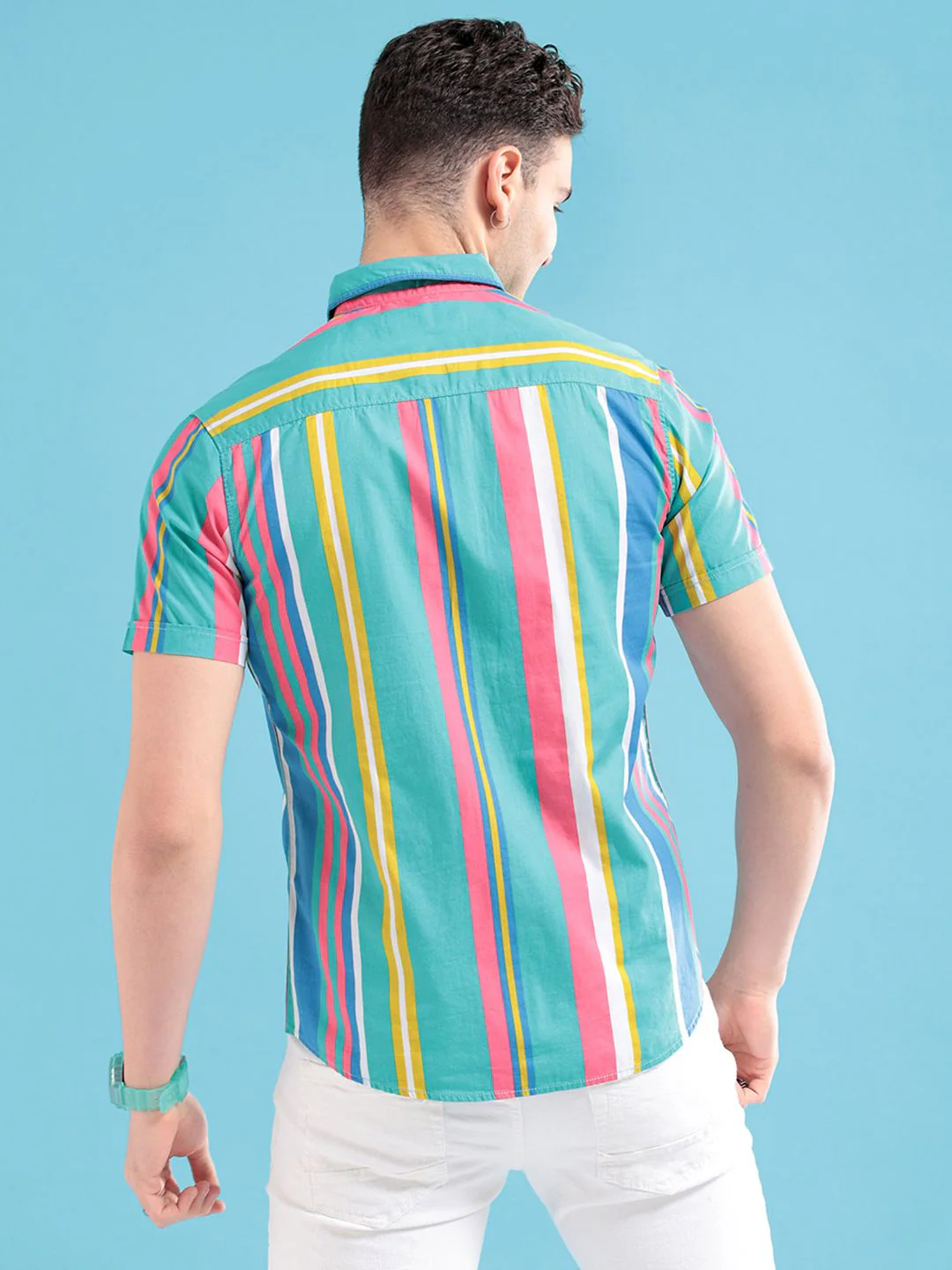 The Indian Garage Co Men Sea Green & Pink Striped Pure Cotton Casual Shirt - Image 5