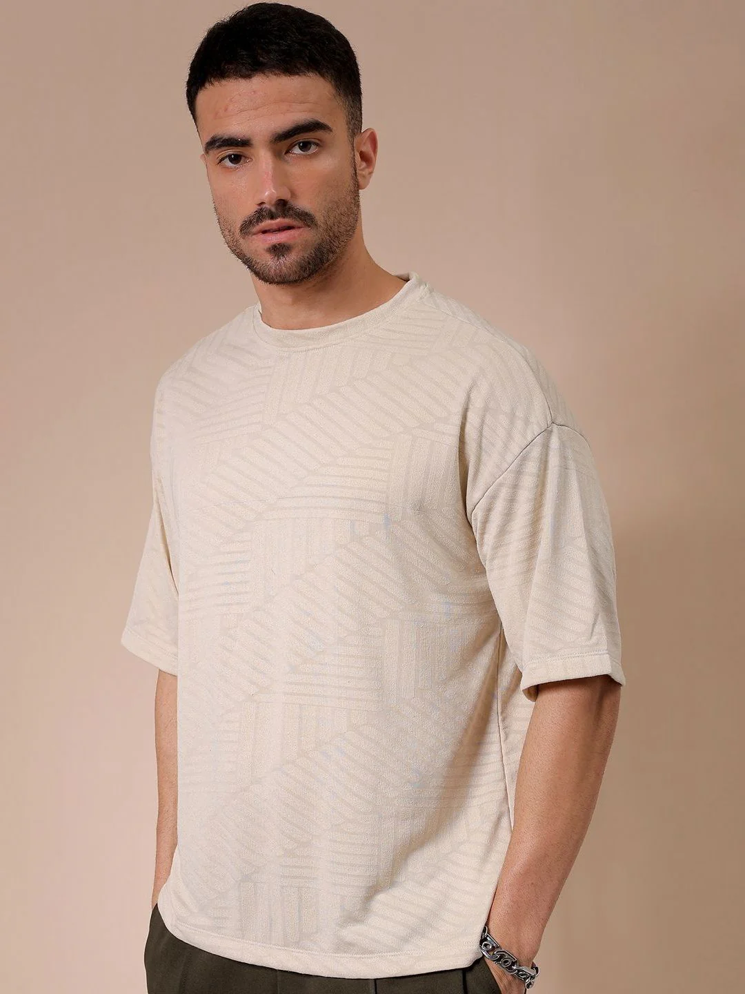 The Indian Garage Co Men Self Design Round Neck Oversized T-shirt - Image 3