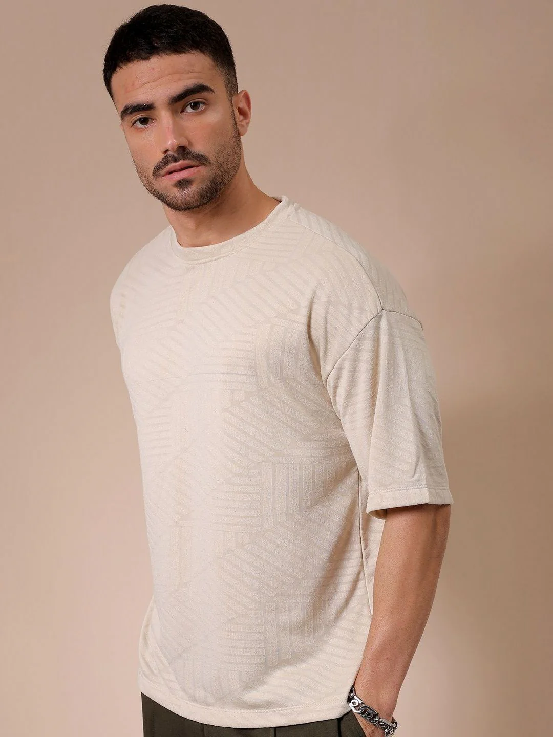 The Indian Garage Co Men Self Design Round Neck Oversized T-shirt - Image 5