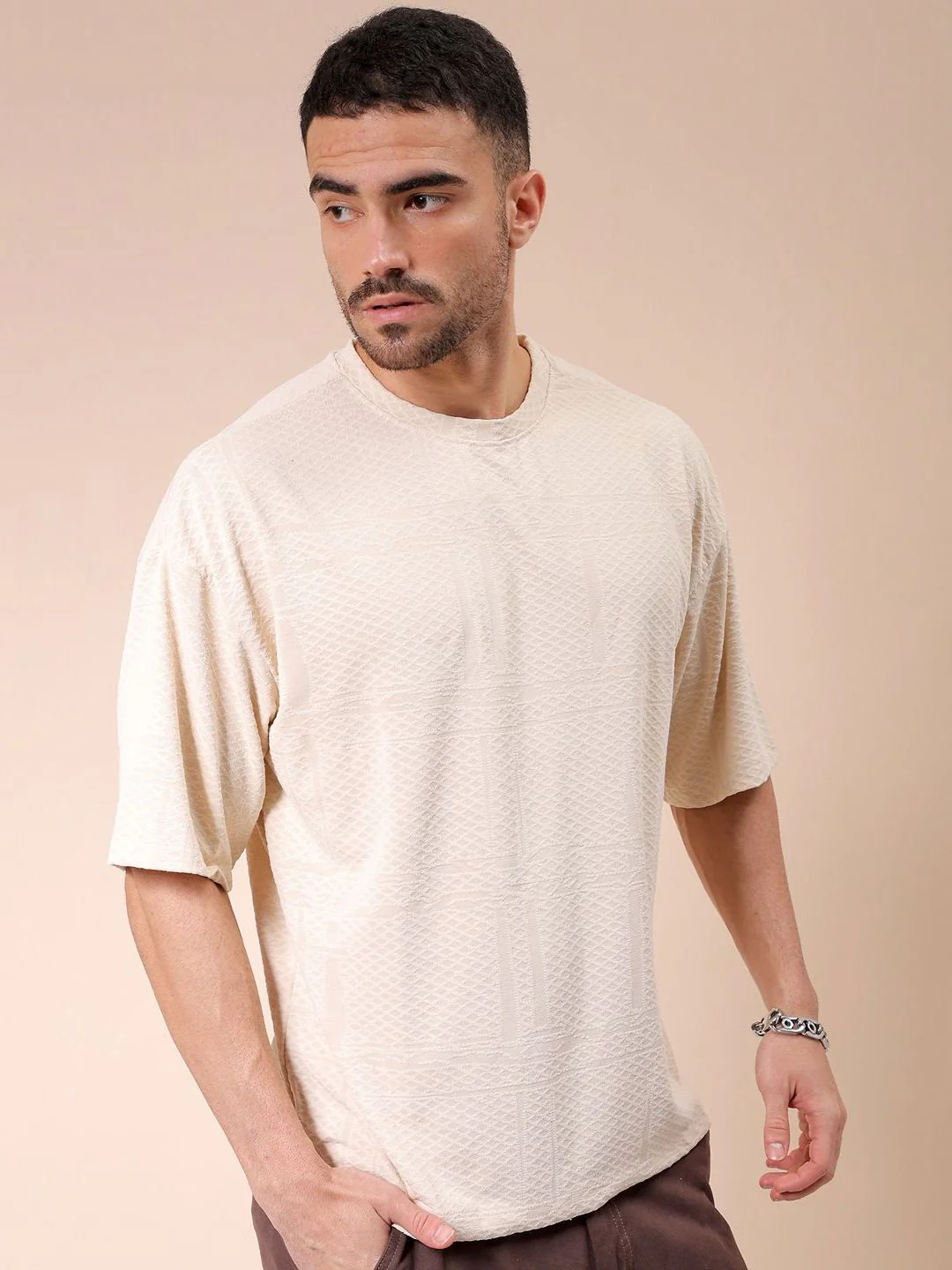 The Indian Garage Co Men Self Design Round Neck Oversized T-shirt - Image 3