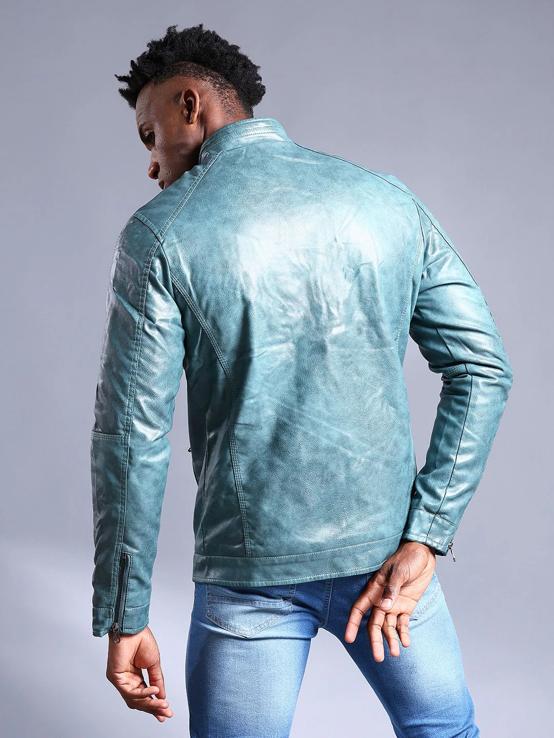 The Indian Garage Co Men Slim Fit Faux Biker Jacket with Zip Closure - Image 10