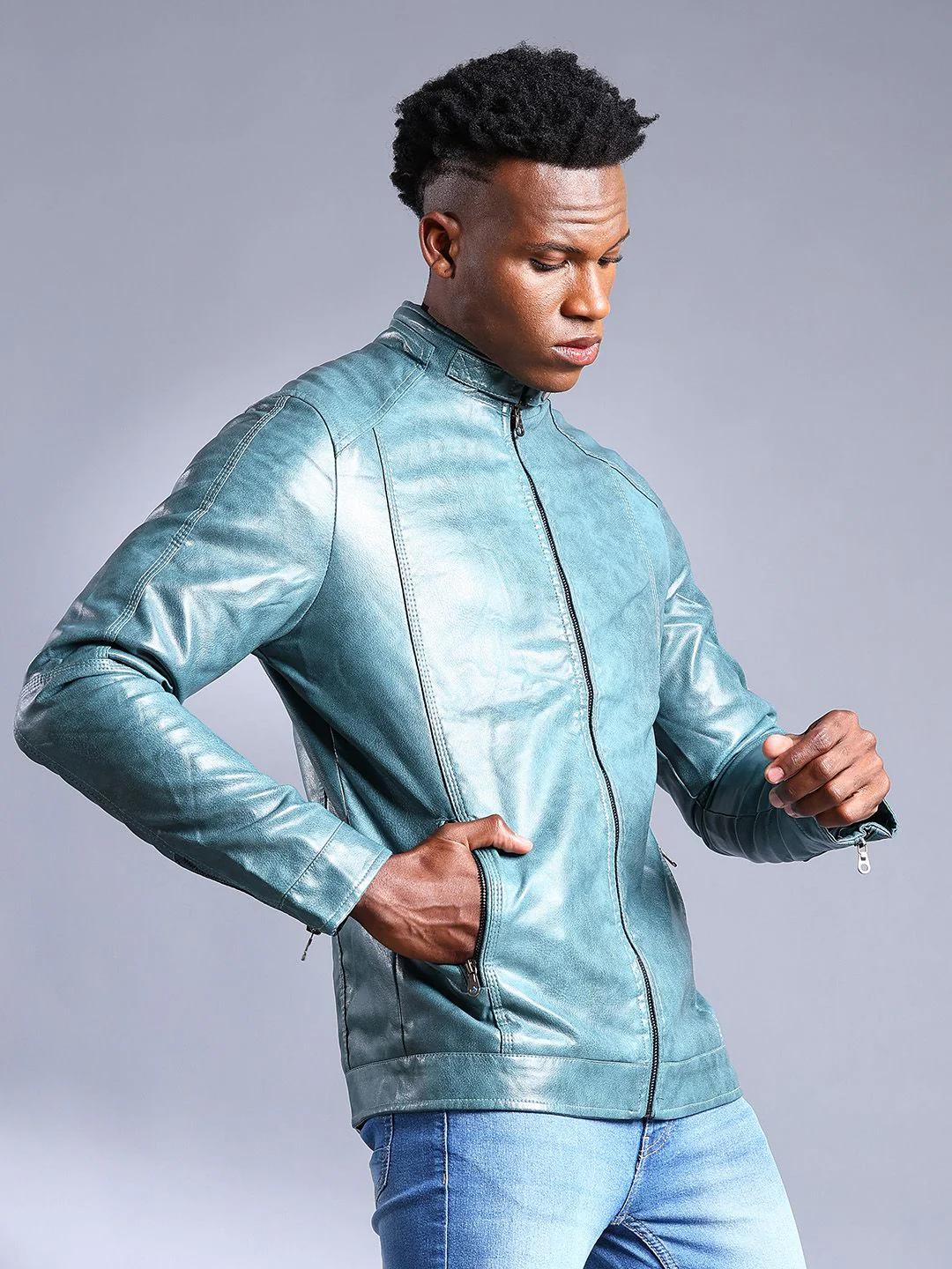 The Indian Garage Co Men Slim Fit Faux Biker Jacket with Zip Closure - Image 8