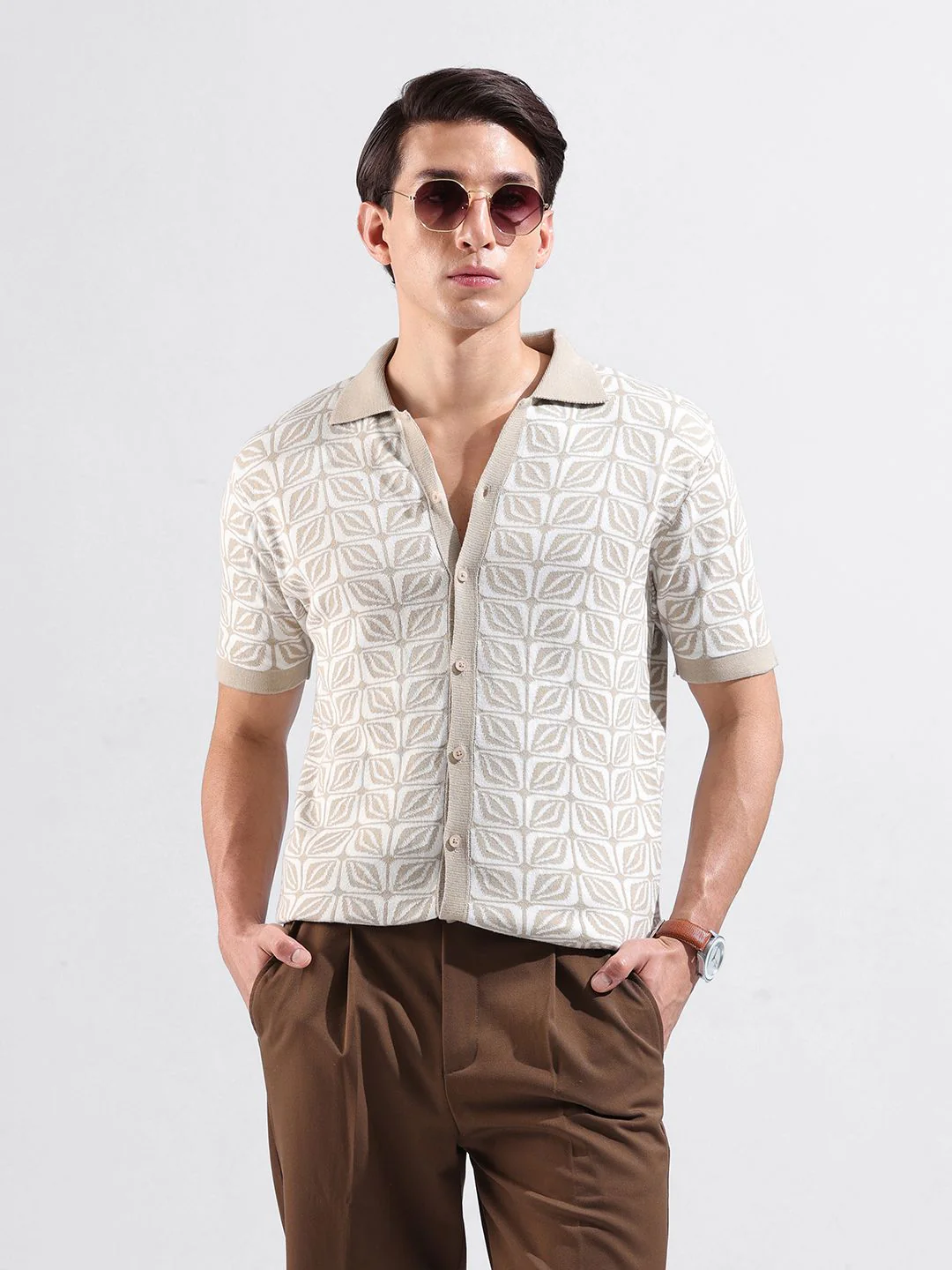 The Indian Garage Co Men Slim Fit Geometric Casual Flat Knit Shirt