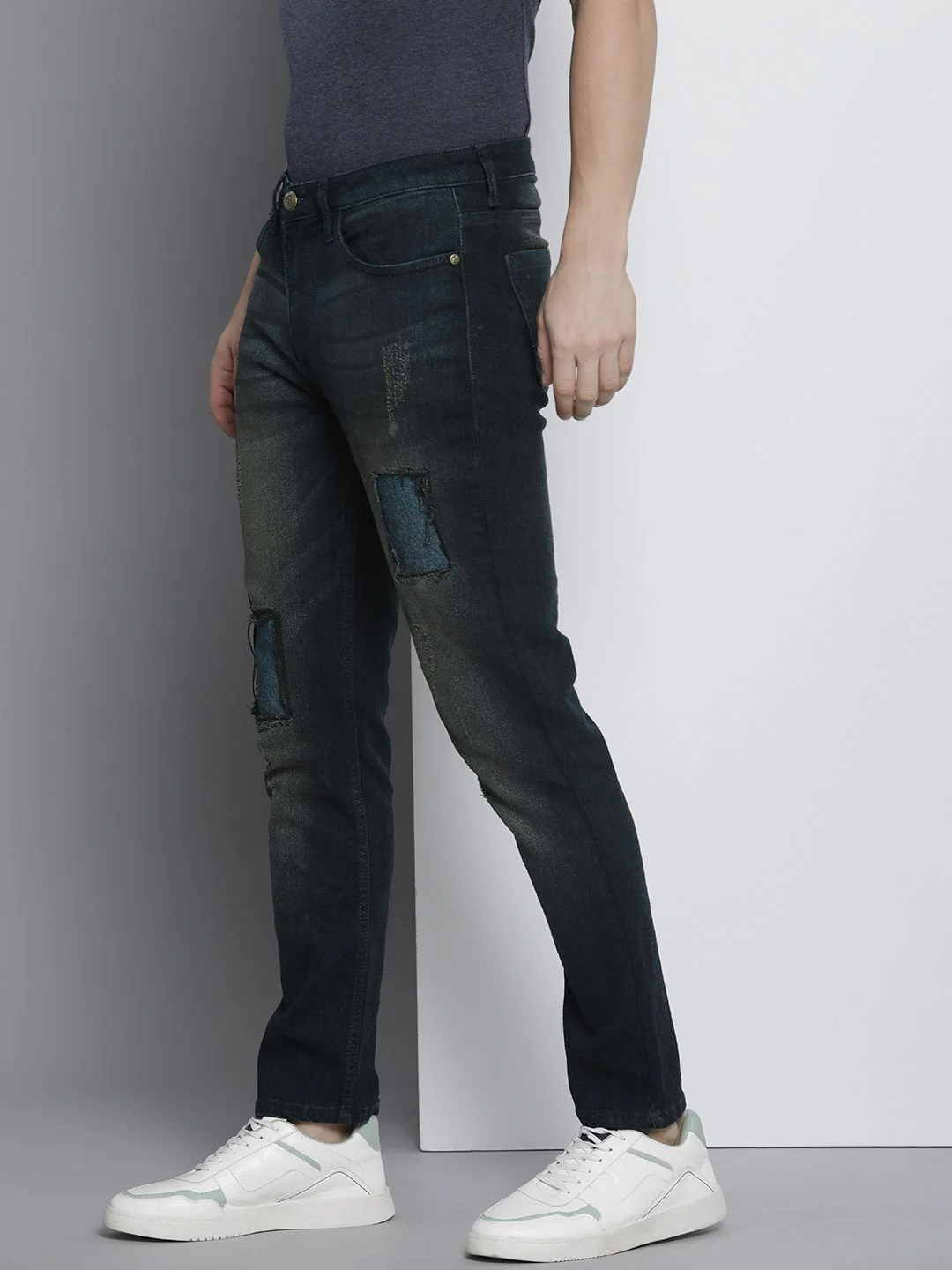 The Indian Garage Co Men Slim Fit Mildly Distressed Light Fade Applique Jeans - Image 2