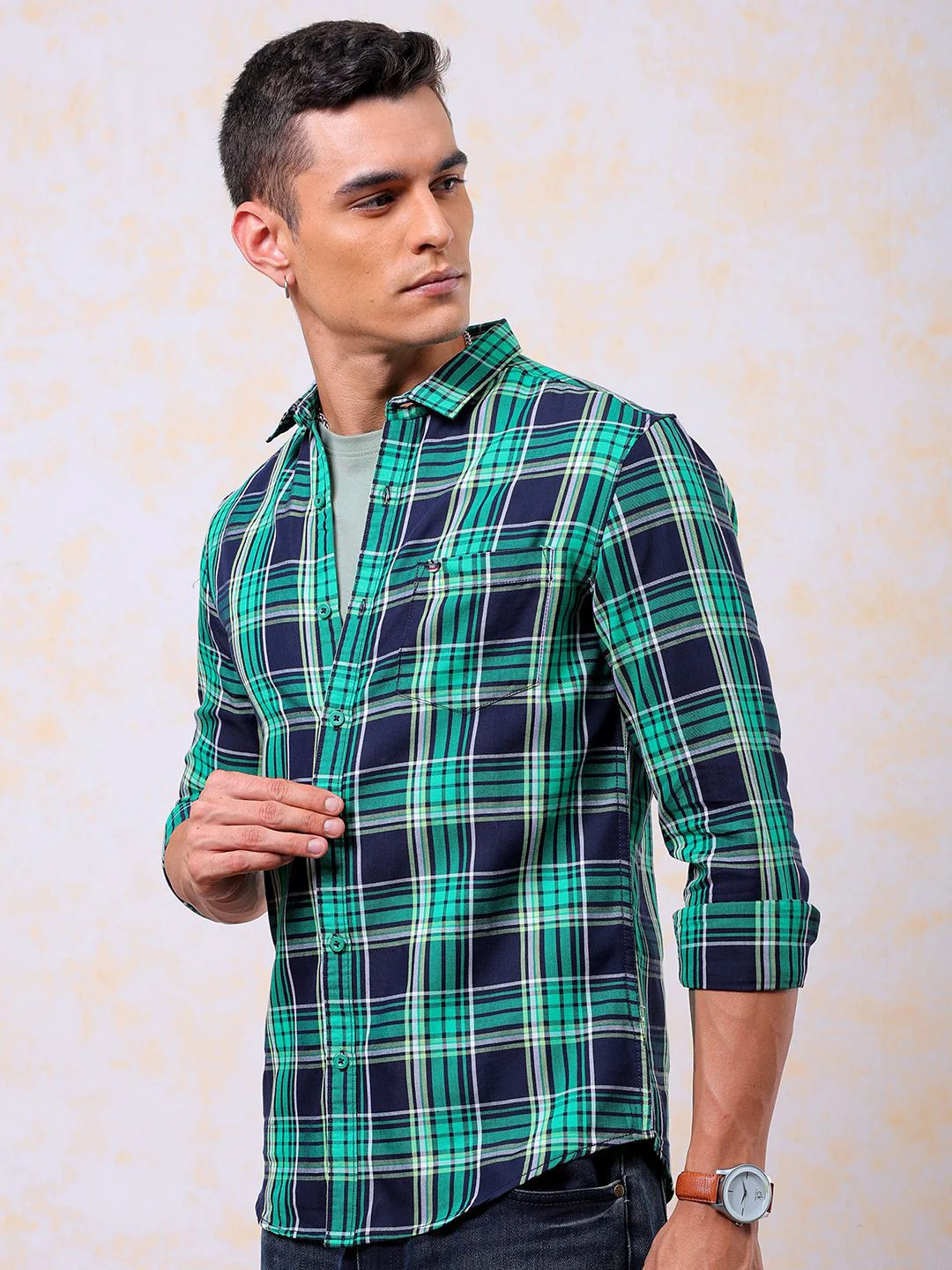 The Indian Garage Co Men Slim Fit Tartan Checked Spread Collar Casual Shirt - Image 5