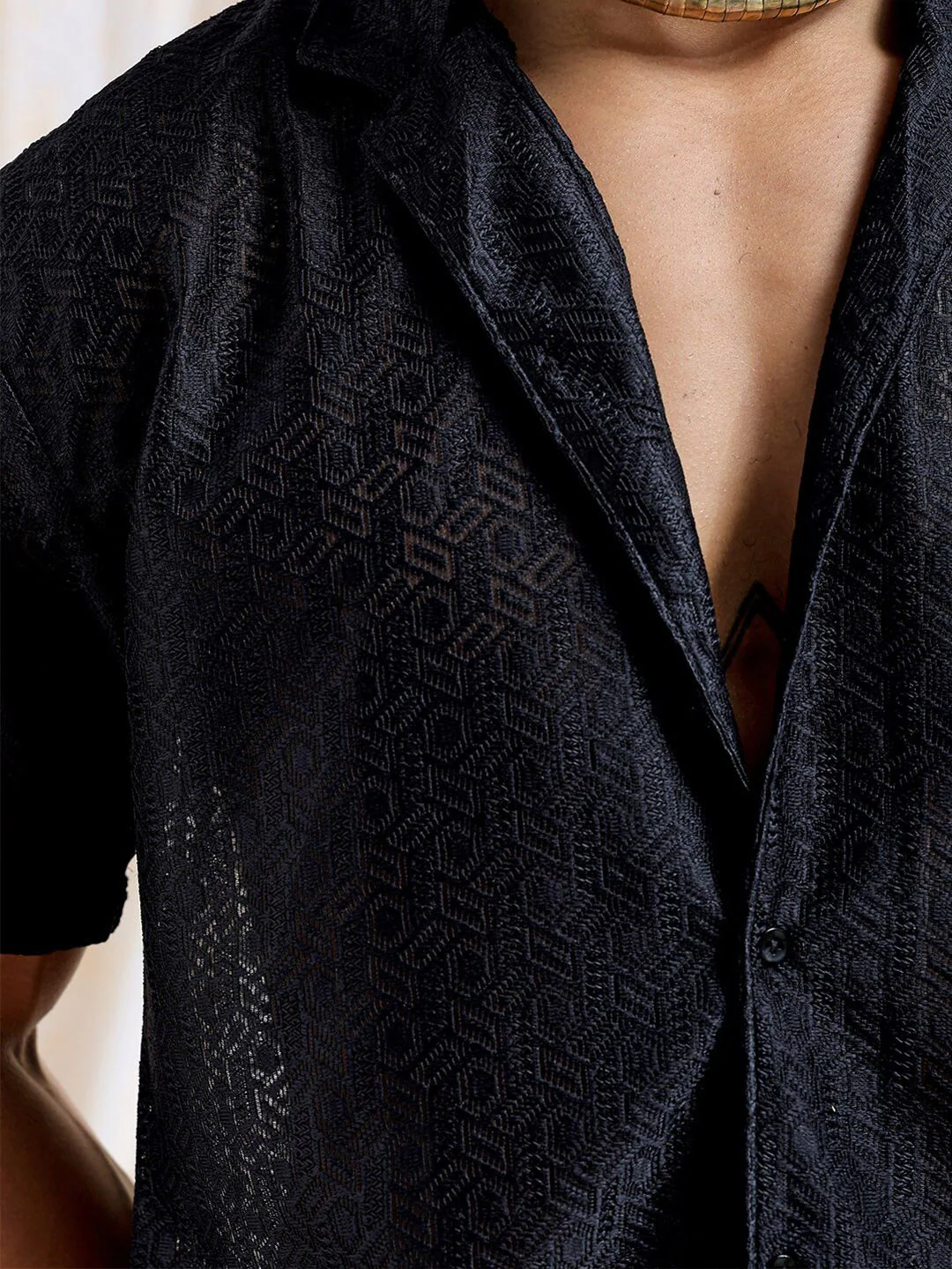 The Indian Garage Co Men Slim Fit Warp Knit Lace Resortwear Shirt - Image 2