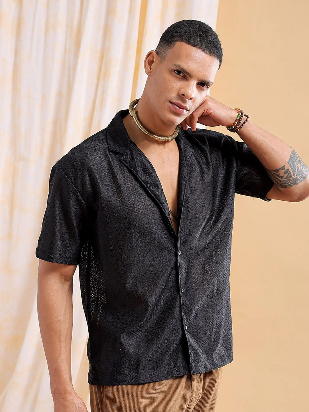 The Indian Garage Co Men Slim Fit Warp Knit Lace Resortwear Shirt - Image 3
