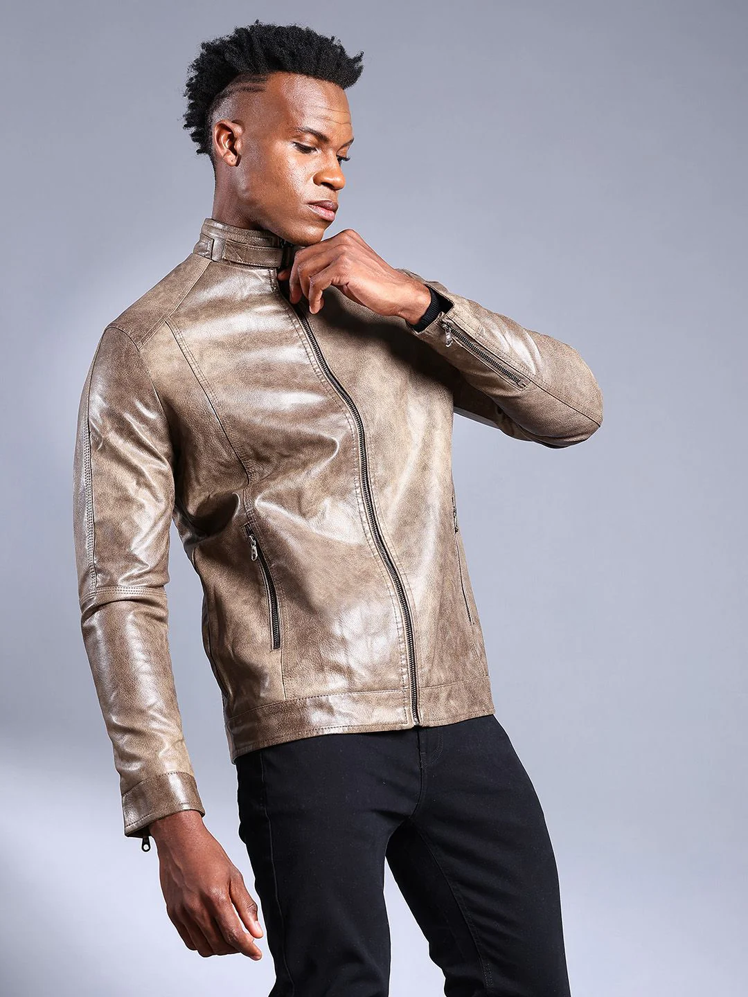 The Indian Garage Co Men Slim Fit Zip-Front Faux Biker Jacket - Image 3