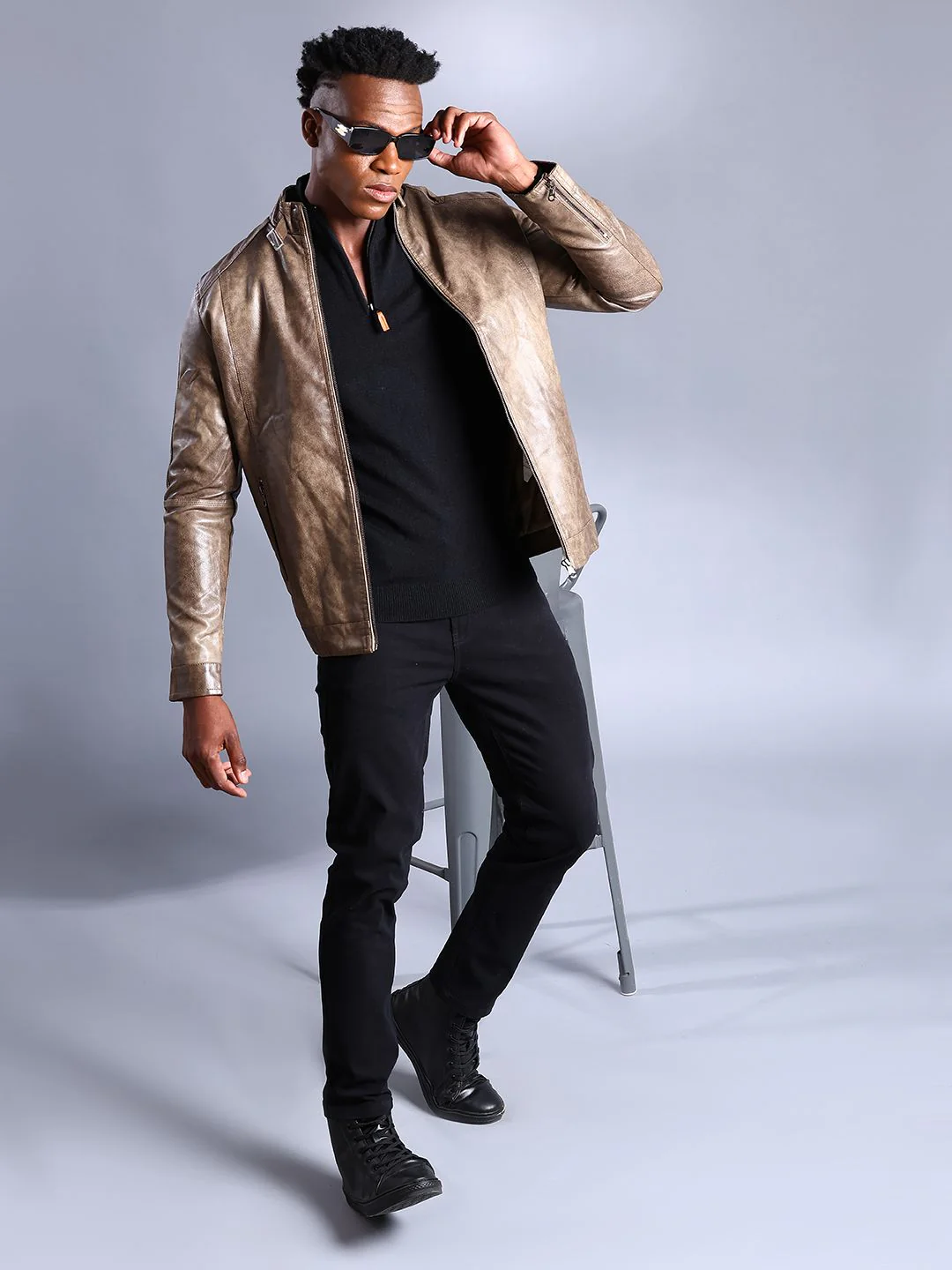 The Indian Garage Co Men Slim Fit Zip-Front Faux Biker Jacket - Image 4