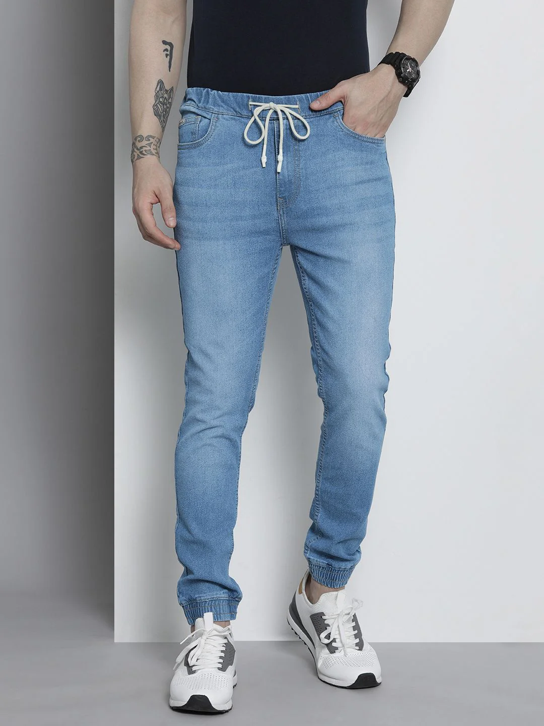 The Indian Garage Co Men Solid Slim Fit Denim Joggers - Image 2