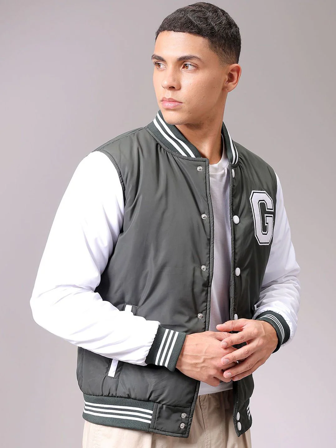 The Indian Garage Co Men Stand Collar Typography Printed Casual Varsity Jacket - Image 3