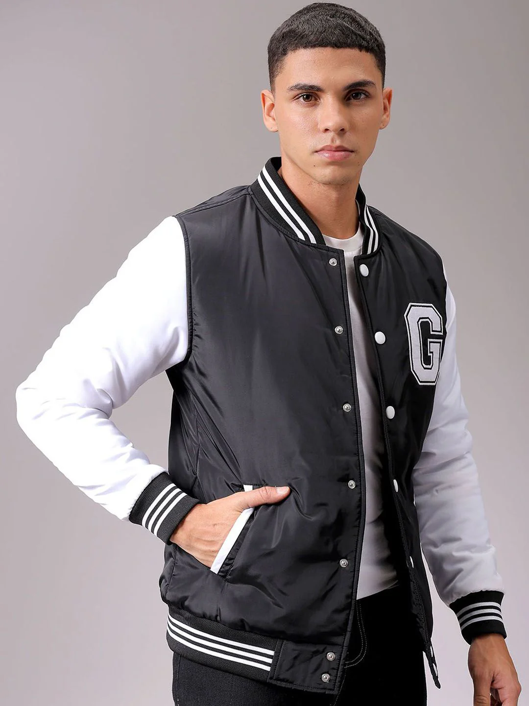 The Indian Garage Co Men Stand Collar Typography Printed Casual Varsity Jacket - Image 3
