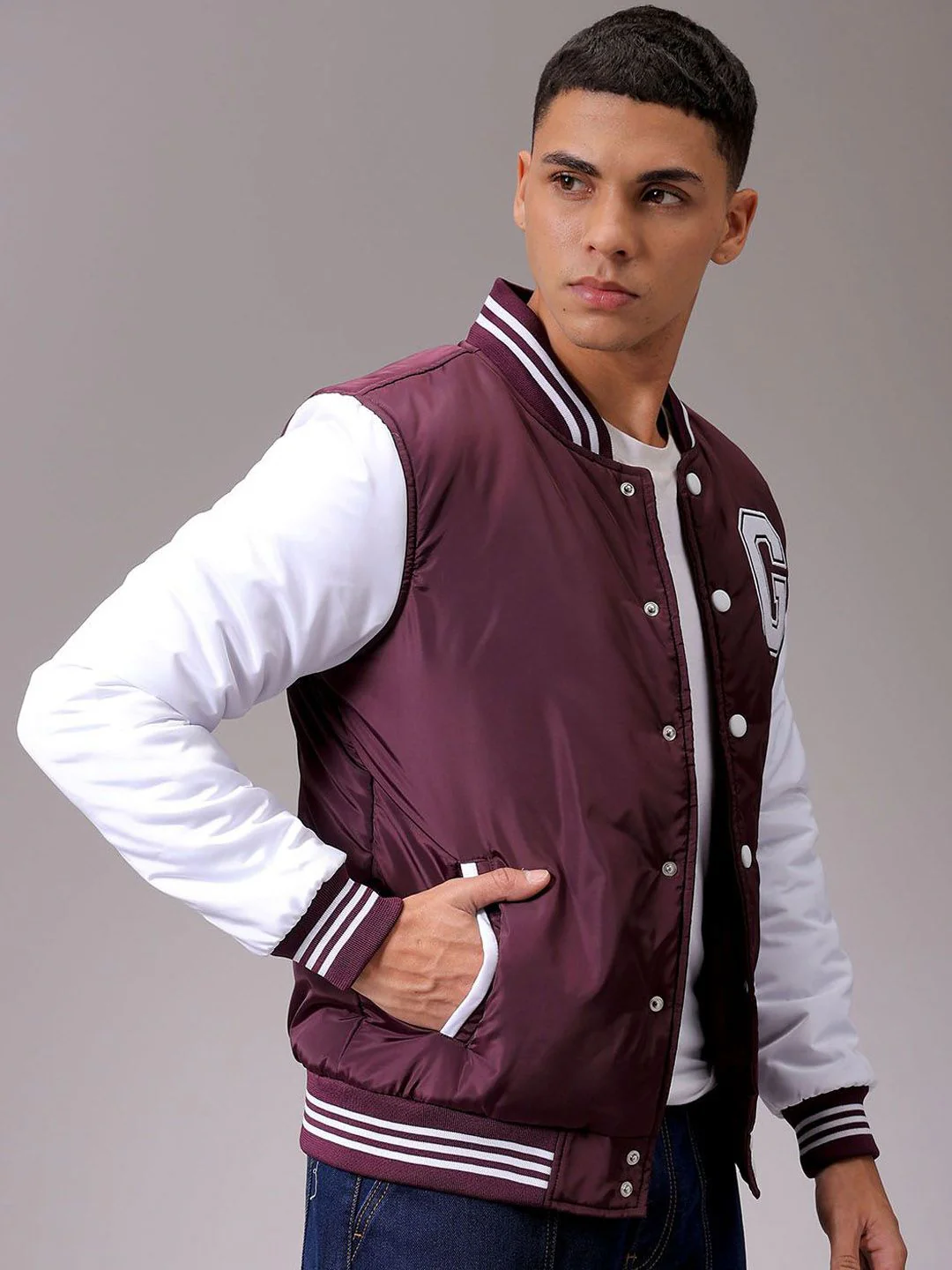 The Indian Garage Co Men Stand Collar Typography Printed Casual Varsity Jacket - Image 3