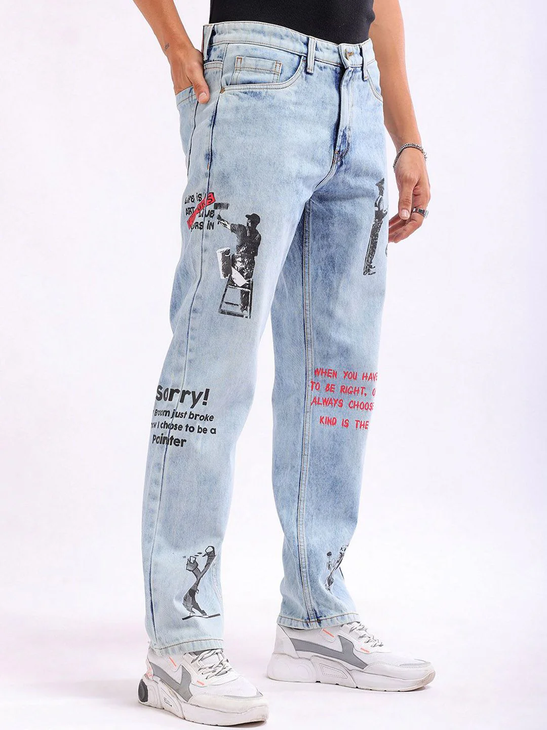 The Indian Garage Co Men Straight Fit Printed Clean Look Heavy Fade Pure Cotton Jeans - Image 2