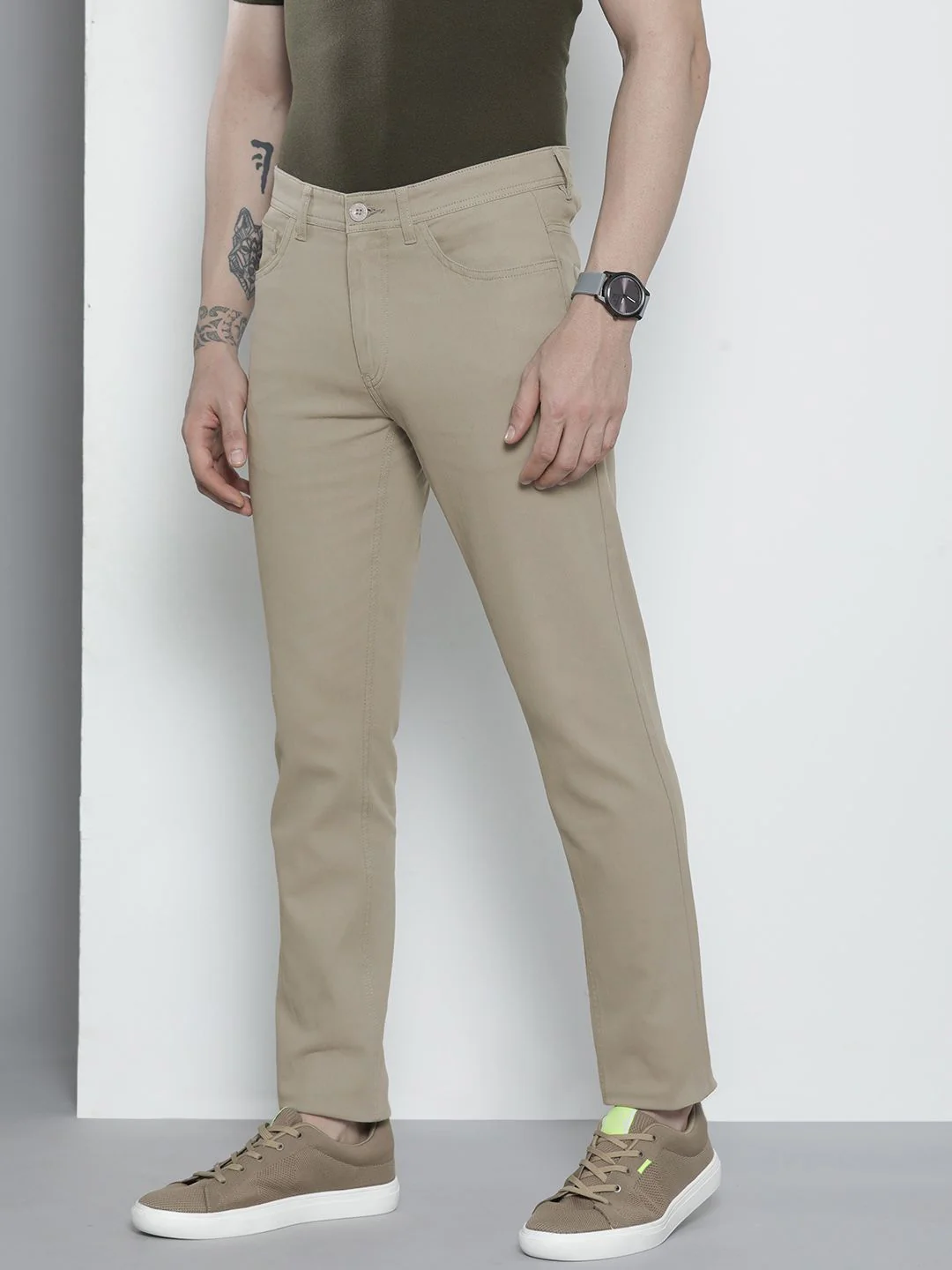 The Indian Garage Co Men Taupe Solid Chinos Trousers - Image 2