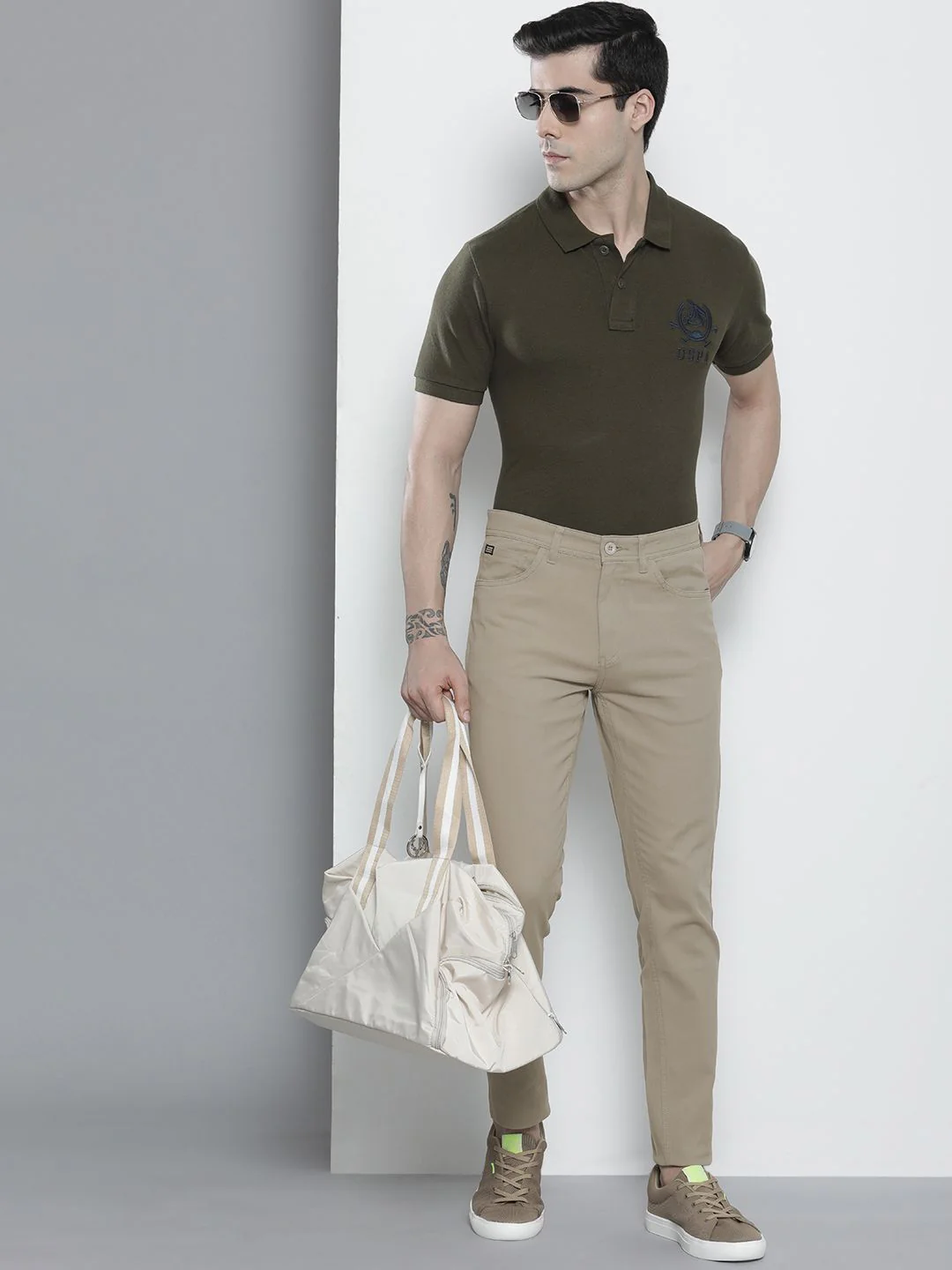 The Indian Garage Co Men Taupe Solid Chinos Trousers - Image 5