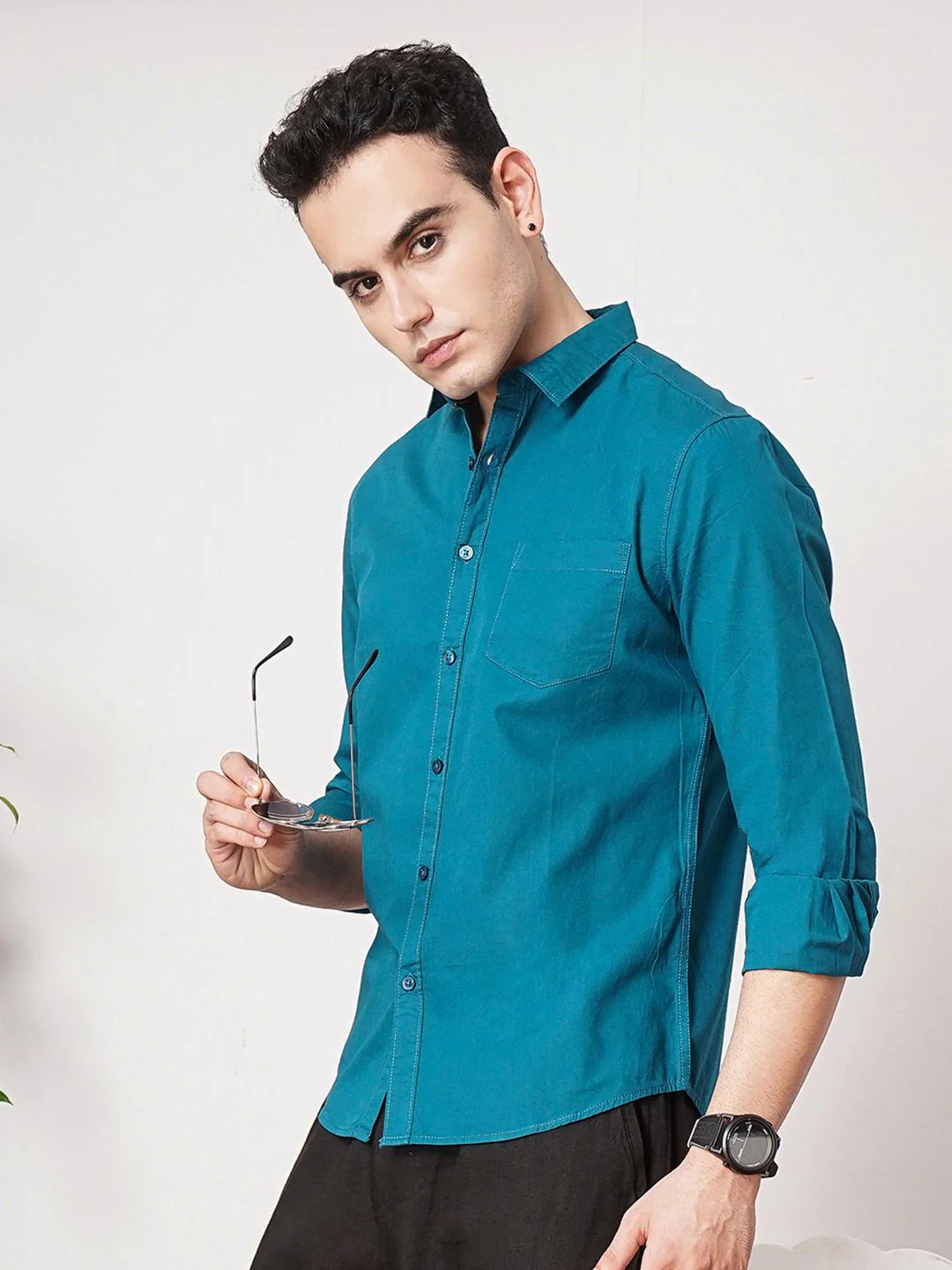 The Indian Garage Co Men Teal Blue Solid Pure Cotton Casual Shirt - Image 5