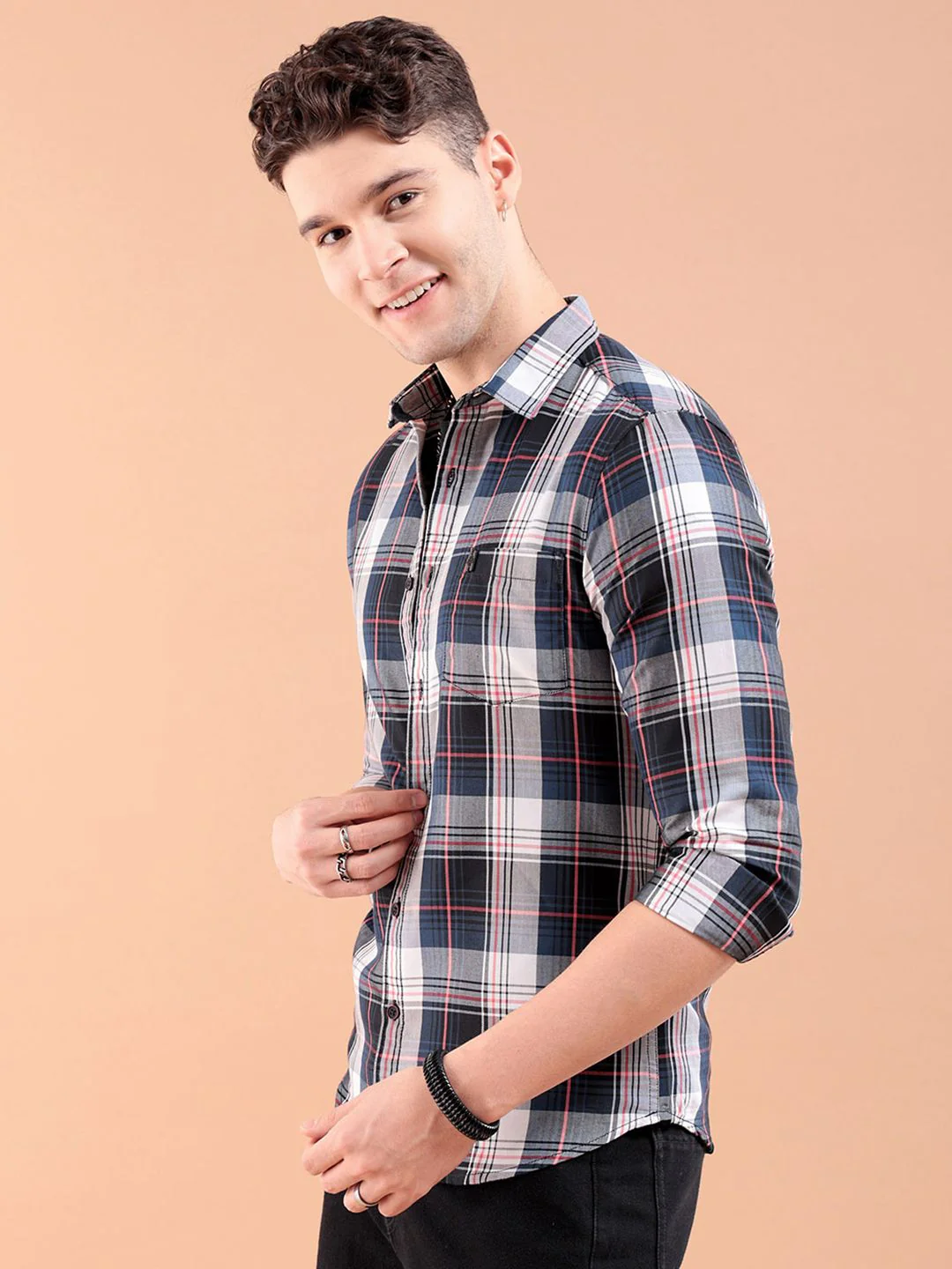 The Indian Garage Co Men Teal Blue & White Gingham Checked Pure Cotton Casual Shirt - Image 3