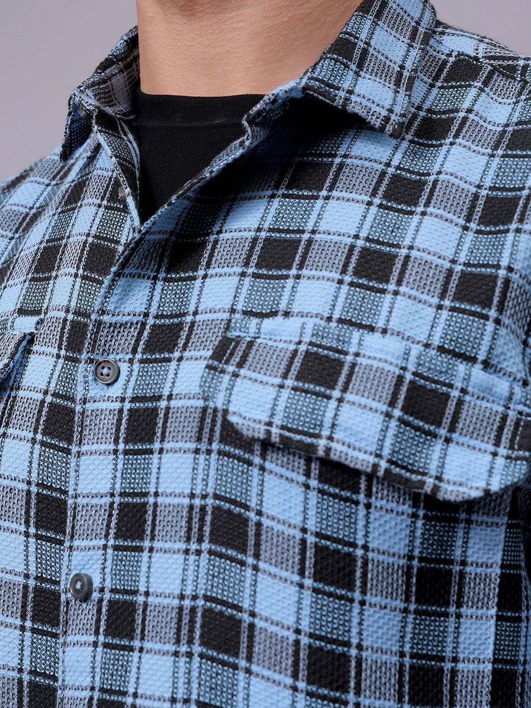 The Indian Garage Co Men Textured Checked Pocket Detailing Relaxed Fit Casual Shacket - Image 3